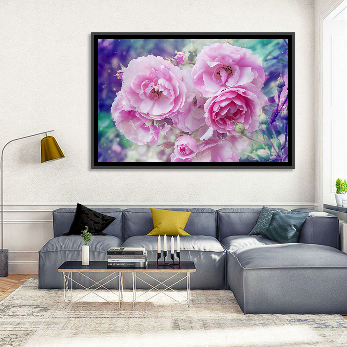 Springtime Pink Rose Cluster Wall Art in a room, landscape