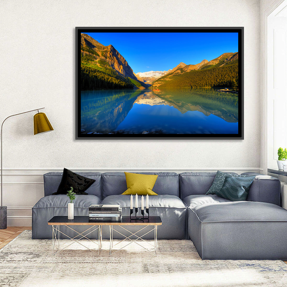 Lake Louise Canoe Reflection Wall Art in a room, landscape