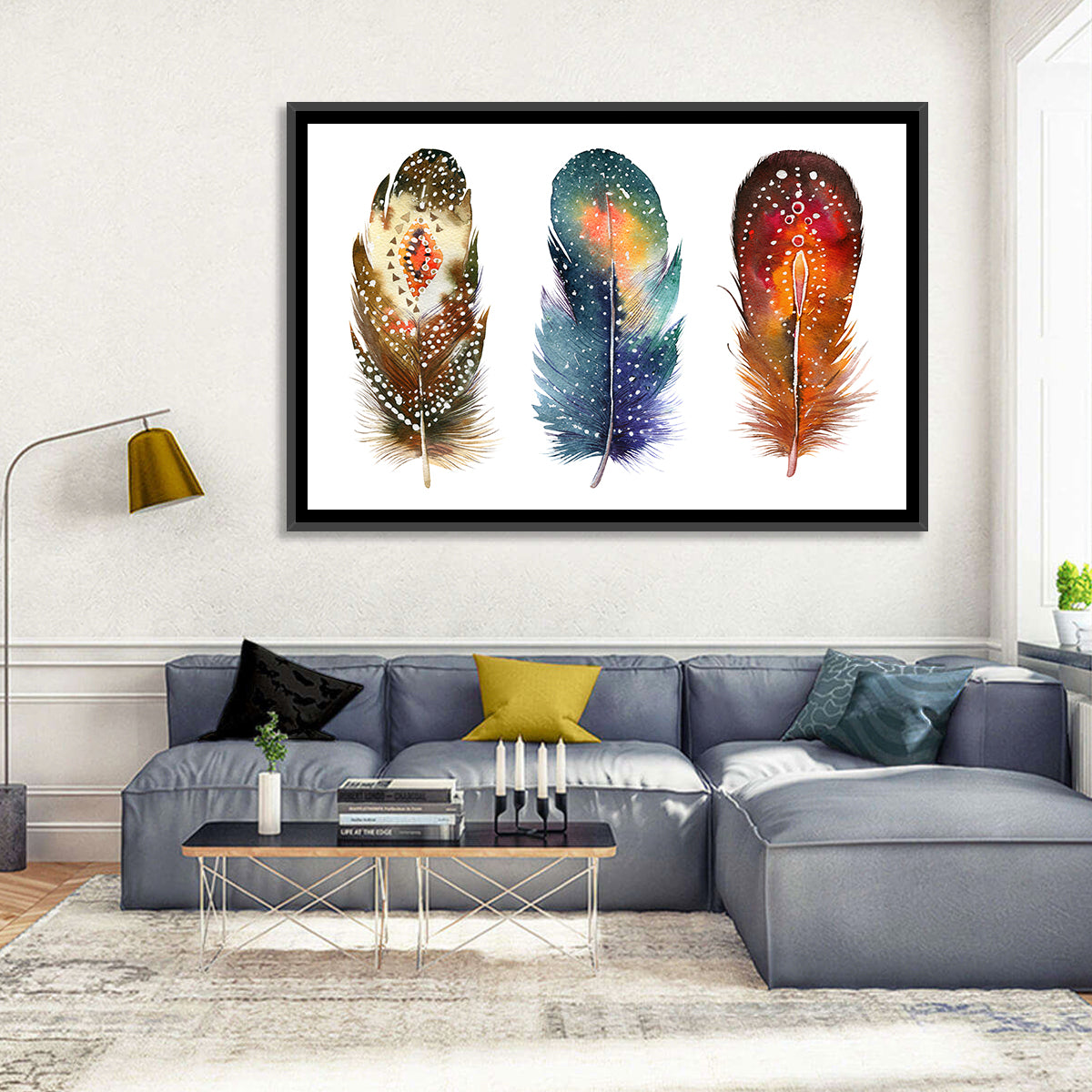 Boho Watercolor Feather Trio Wall Art in a room, landscape