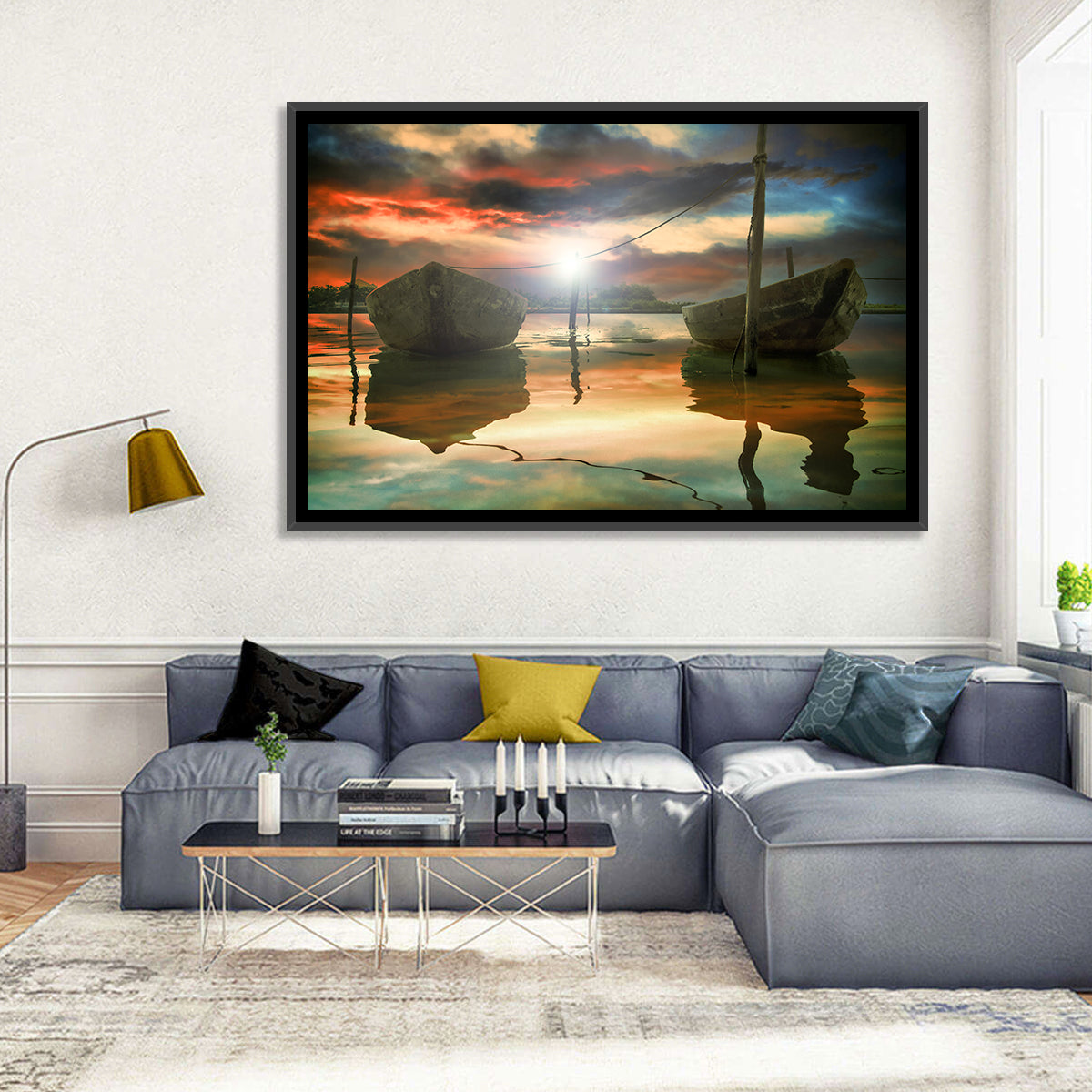 Two Wooden Boats at Sunset Wall Art in a room, landscape