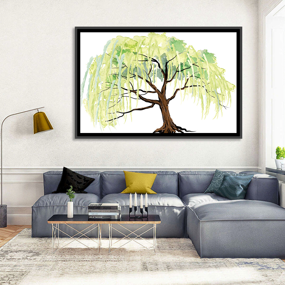 Weeping Willow Watercolor Sketch Wall Art in a room, landscape