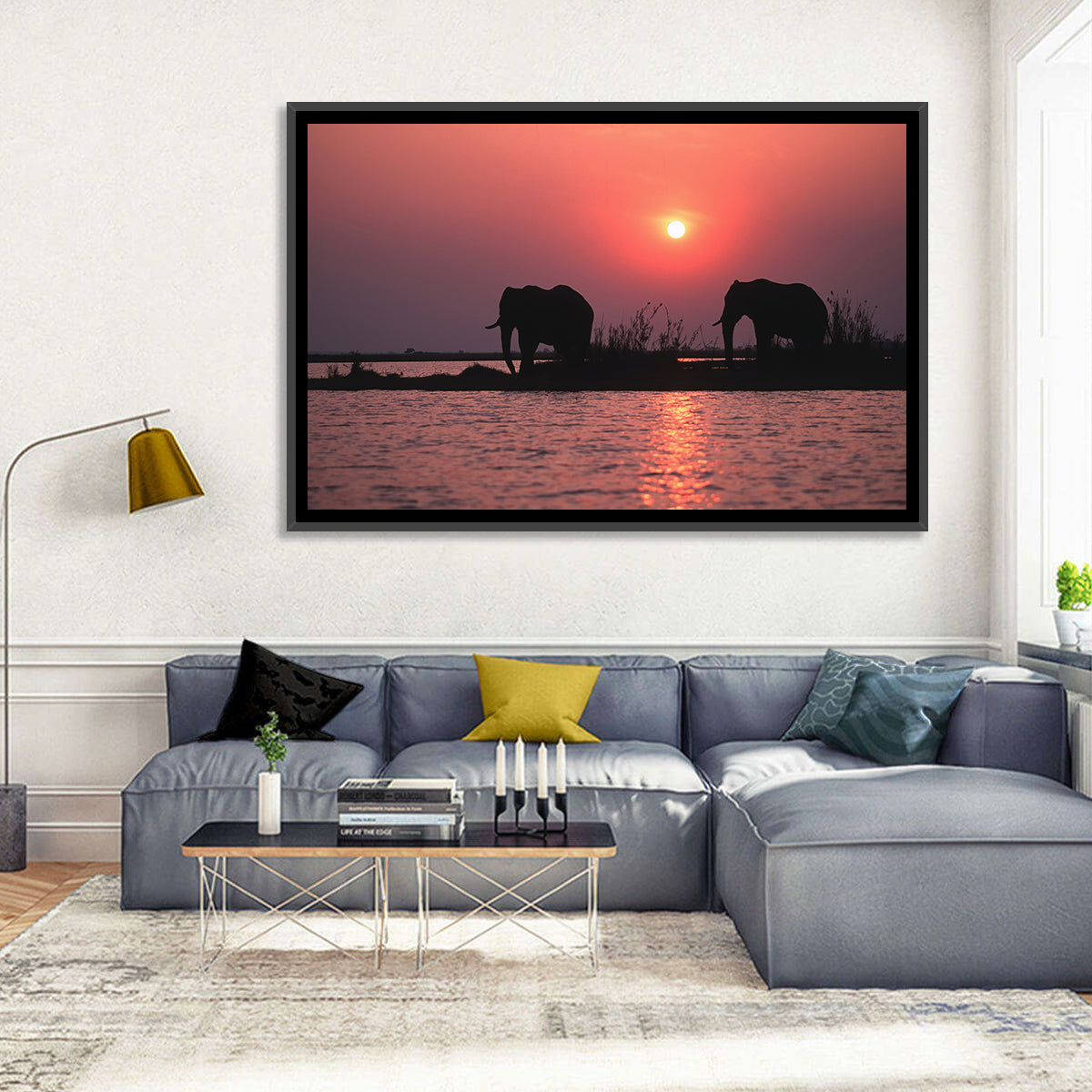 Elephants at Sunset Silhouette Wall Art in a room, landscape