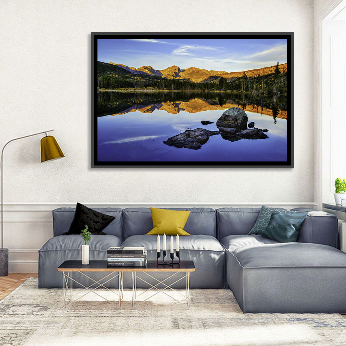 Sprague Lake Sunrise Reflection Wall Art in a room, landscape