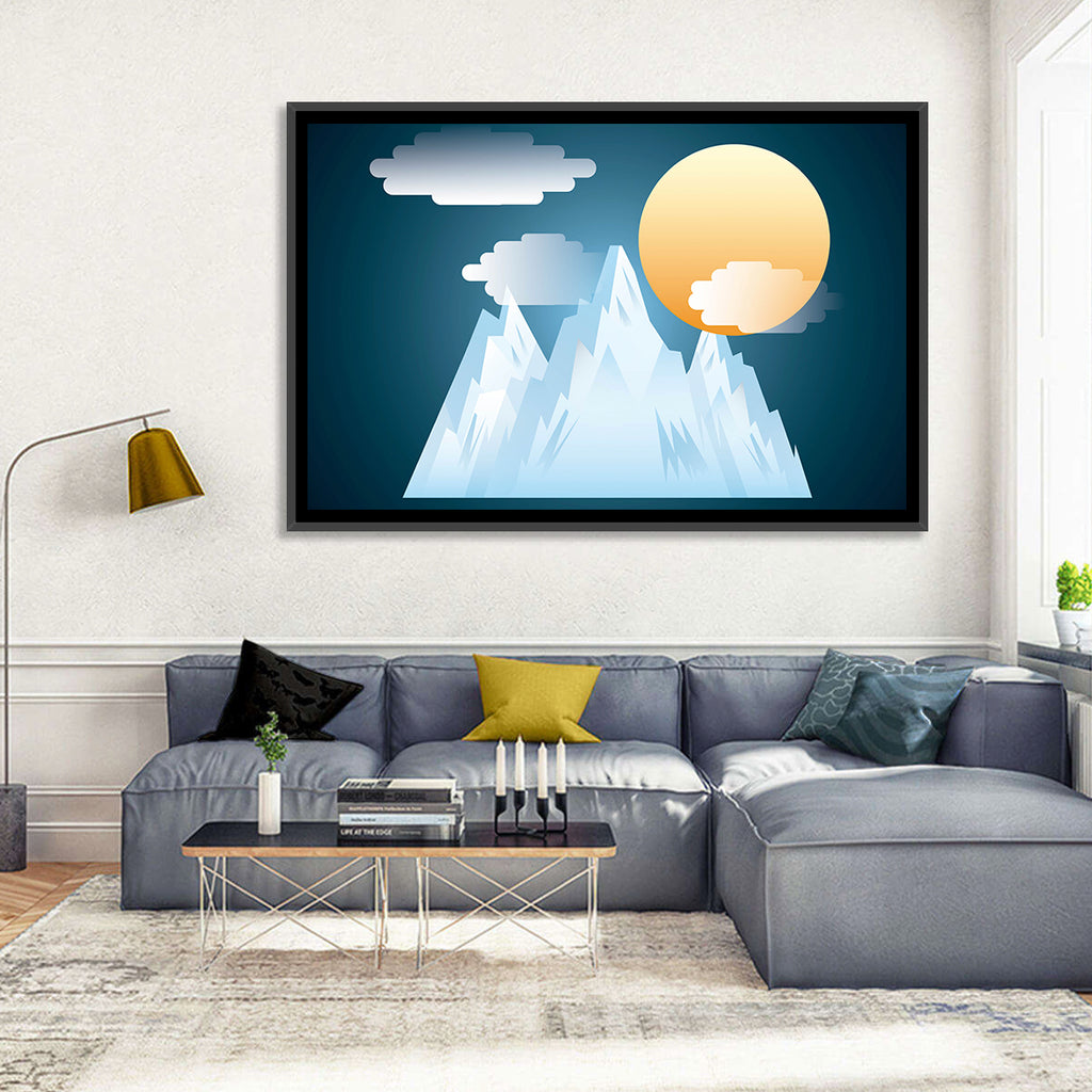 Geometric Snowy Mountain with Golden Sun Wall Art
