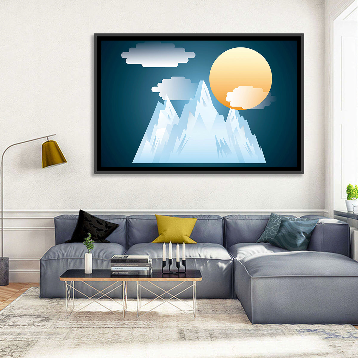 Geometric Snowy Mountain with Golden Sun Wall Art in a room, landscape