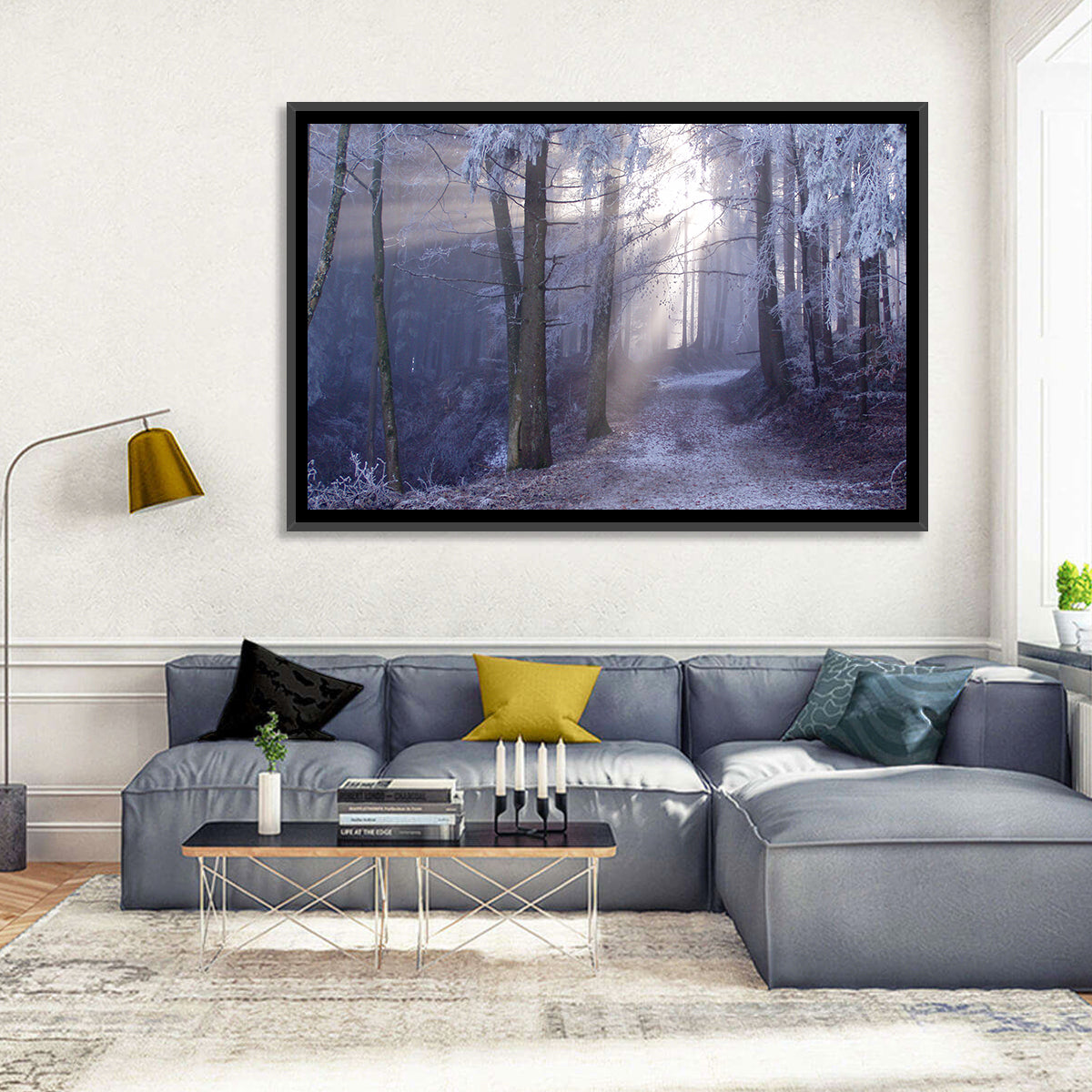 Frosted Forest Path at Dawn Wall Art in a room, landscape