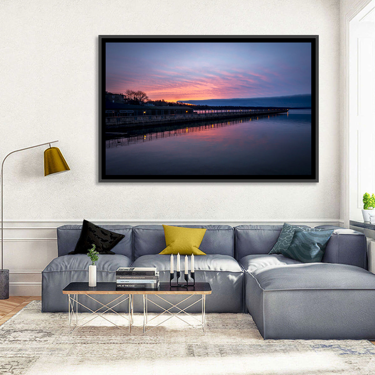 Skaneateles Lake Pier at Dusk Wall Art in a room, landscape