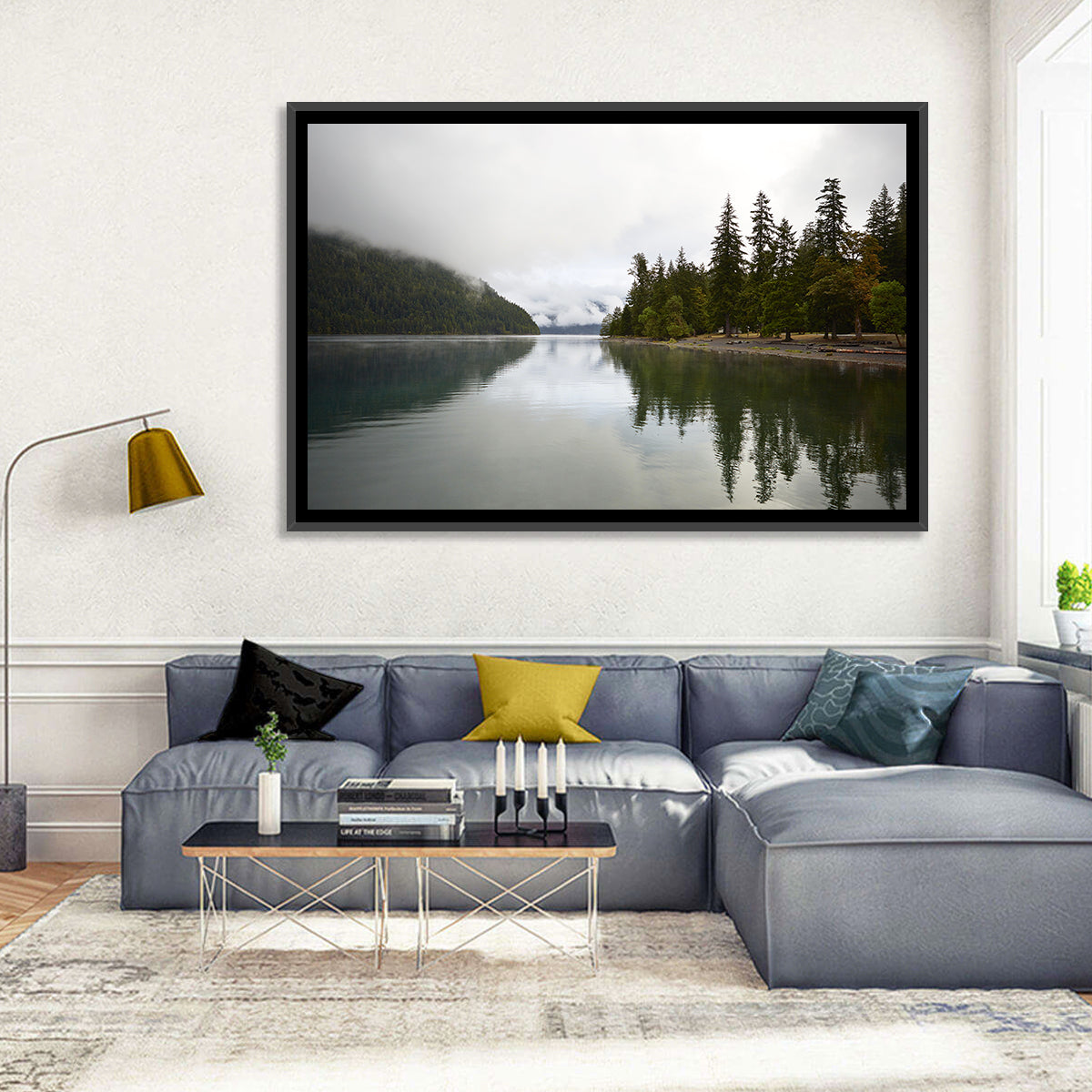 Foggy Lake Crescent Reflection Wall Art in a room, landscape