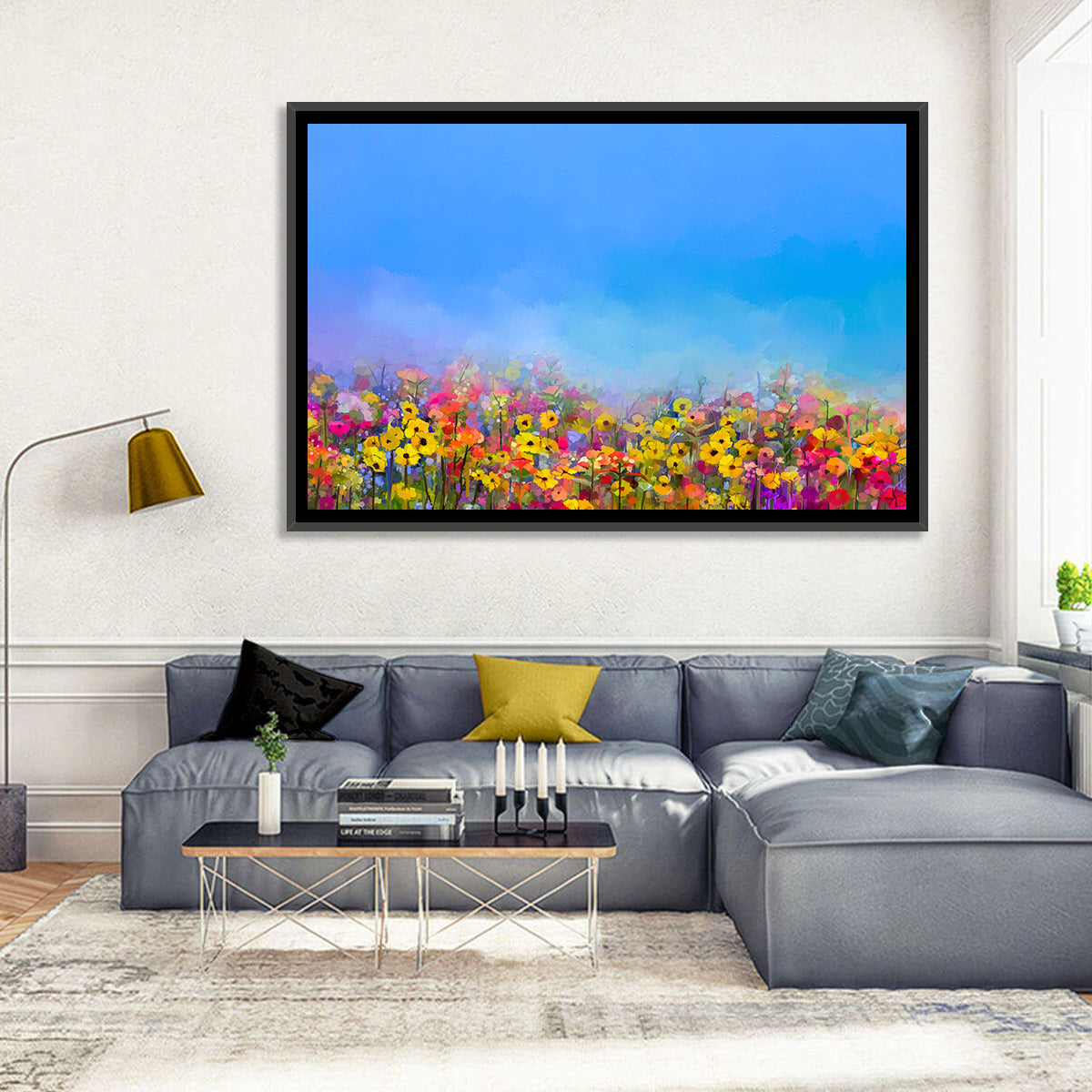 Cornflower and Daisy Meadow Wall Art in a room, landscape
