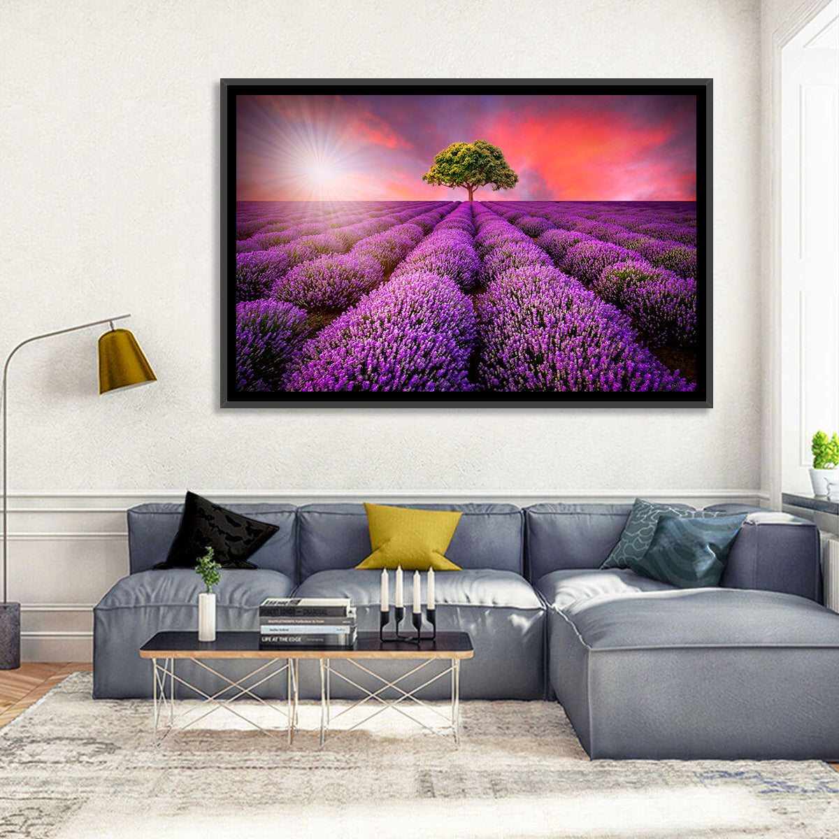Sunset Over Lavender Fields Wall Art in a room, landscape