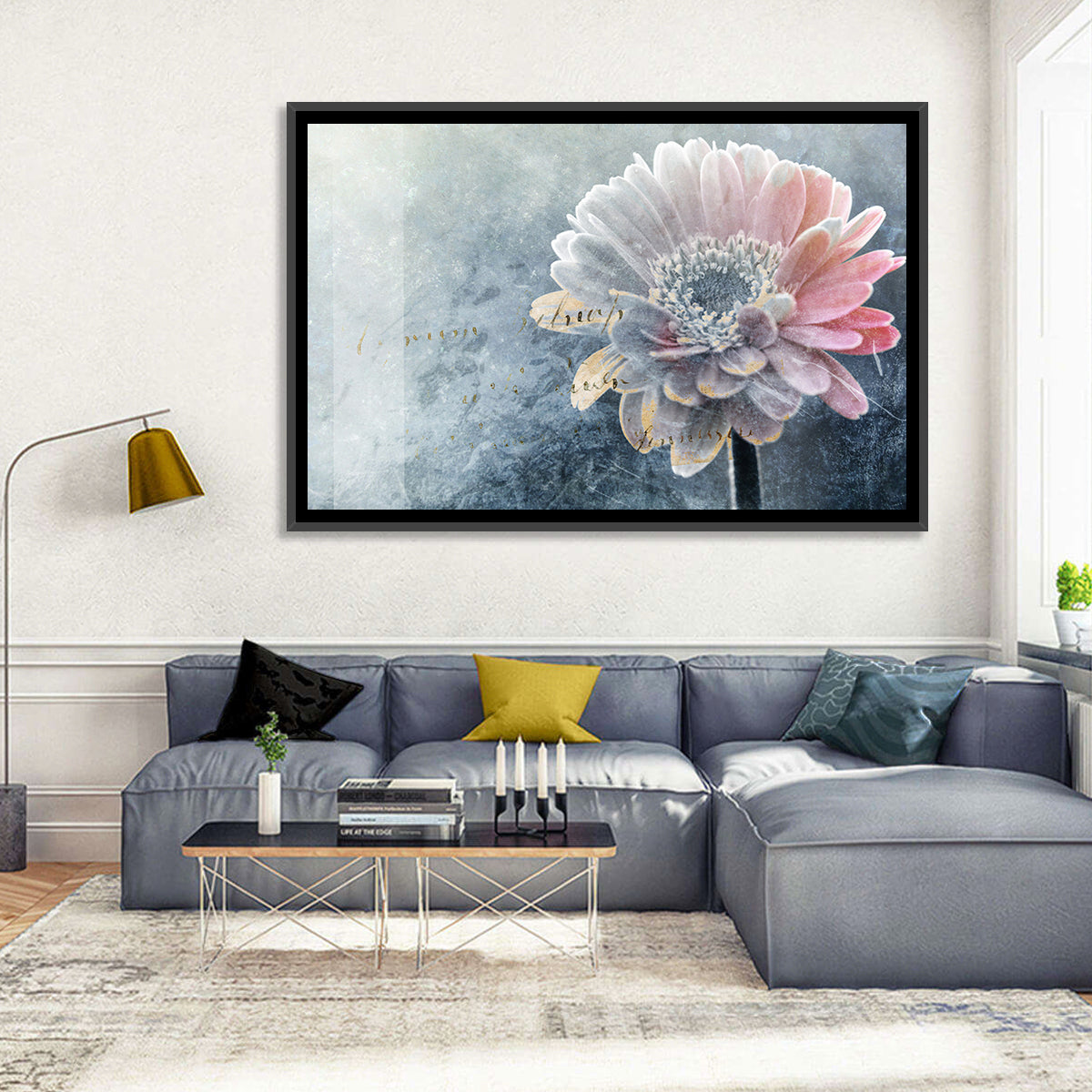 Winter Gerbera with Golden Script Wall Art in a room, landscape