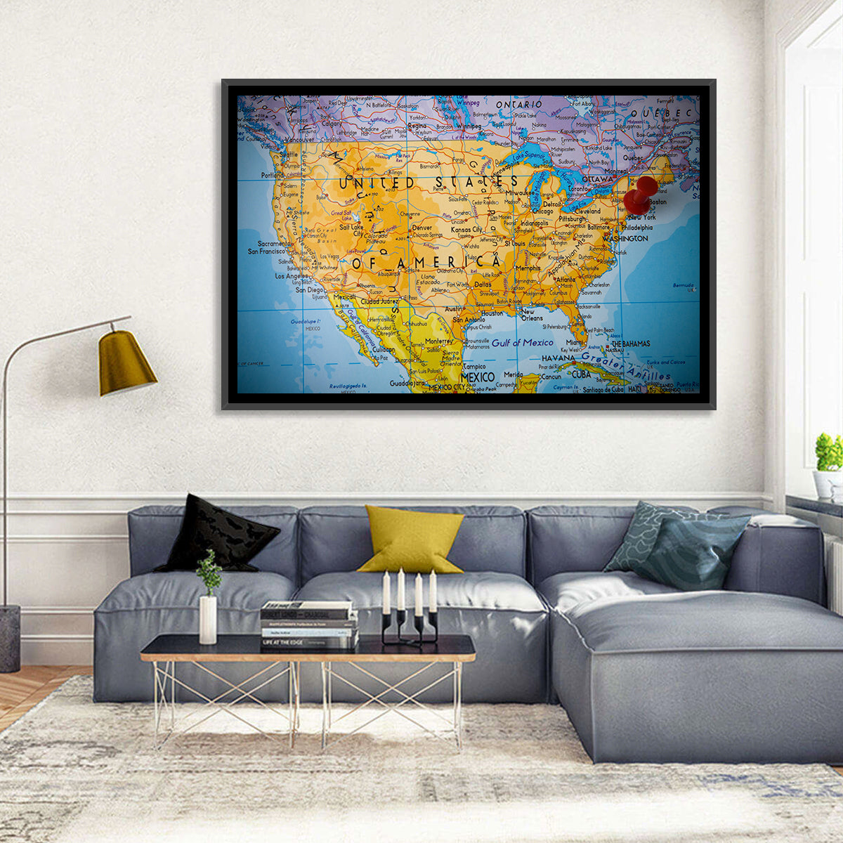 Vintage USA Map with Northeastern Pushpin Wall Art