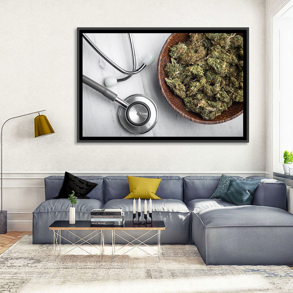 Stethoscope and Medical Cannabis Still Life Wall Art in a room, landscape