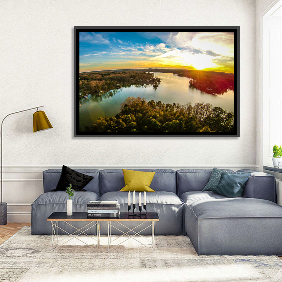 Lake Wylie Golden Sunset Wall Art in a room, landscape