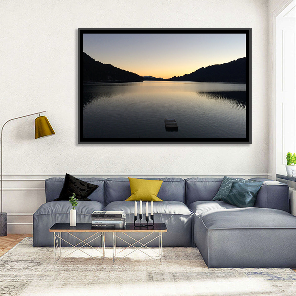 Lake Cushman Dock at Dusk Wall Art in a room, landscape