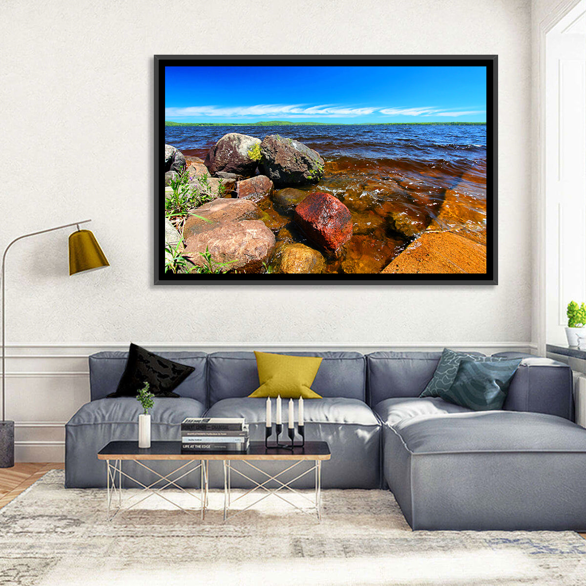Lake Gogebic Rocky Shoreline Wall Art in a room, landscape