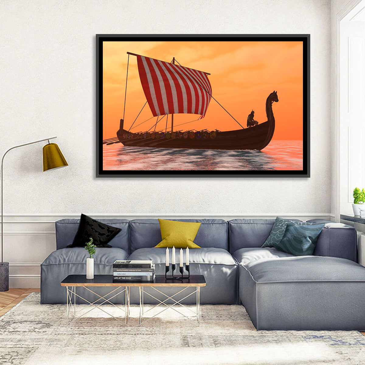 Viking Longship at Dusk Wall Art in a room, landscape
