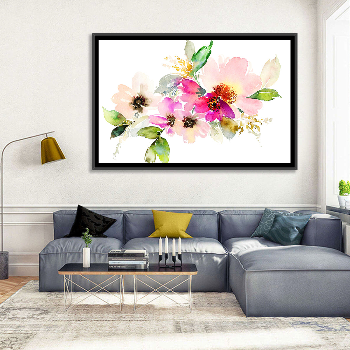 Delicate Pink Floral Watercolor Wall Art in a room, landscape