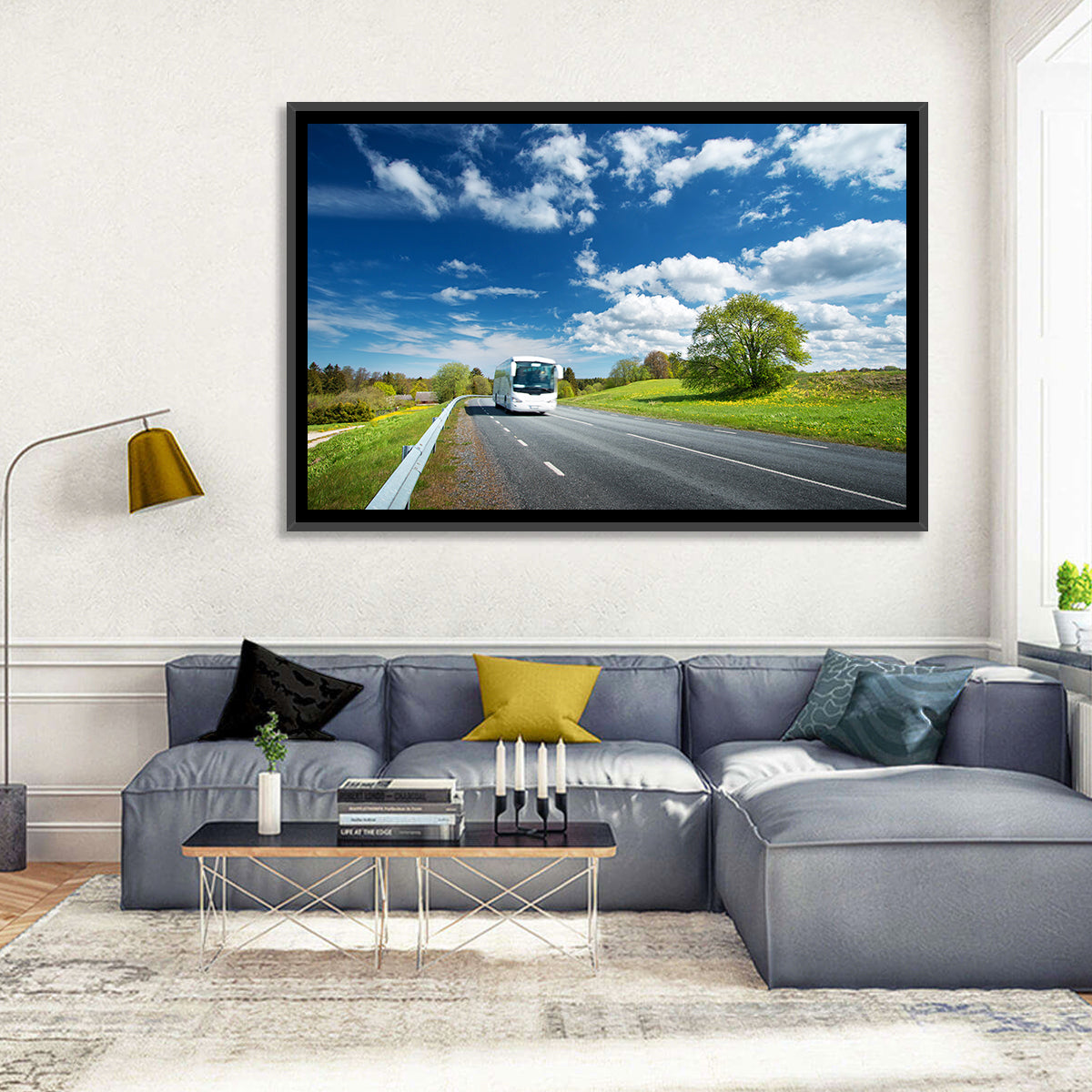 White Bus on Meadow Road Wall Art