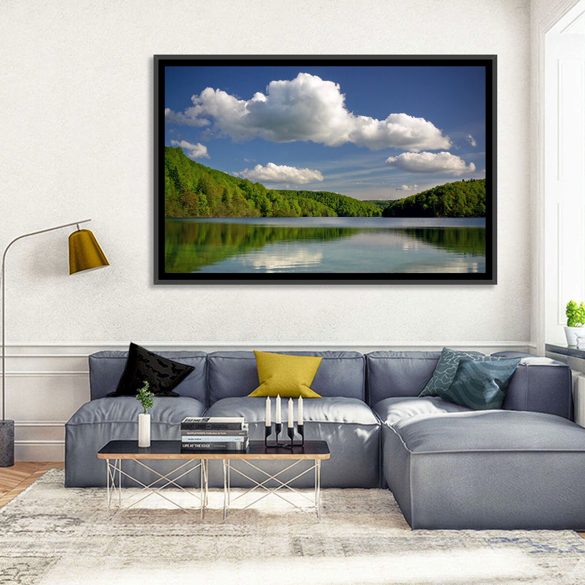 Plitvice Forest Lake Scene Wall Art in a room, landscape