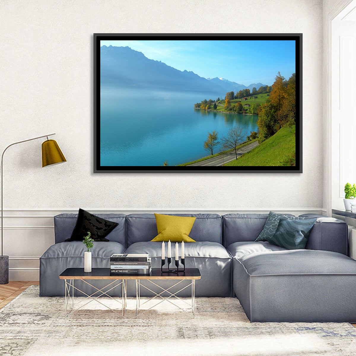Lake Brienz Misty Shoreline Wall Art in a room, landscape