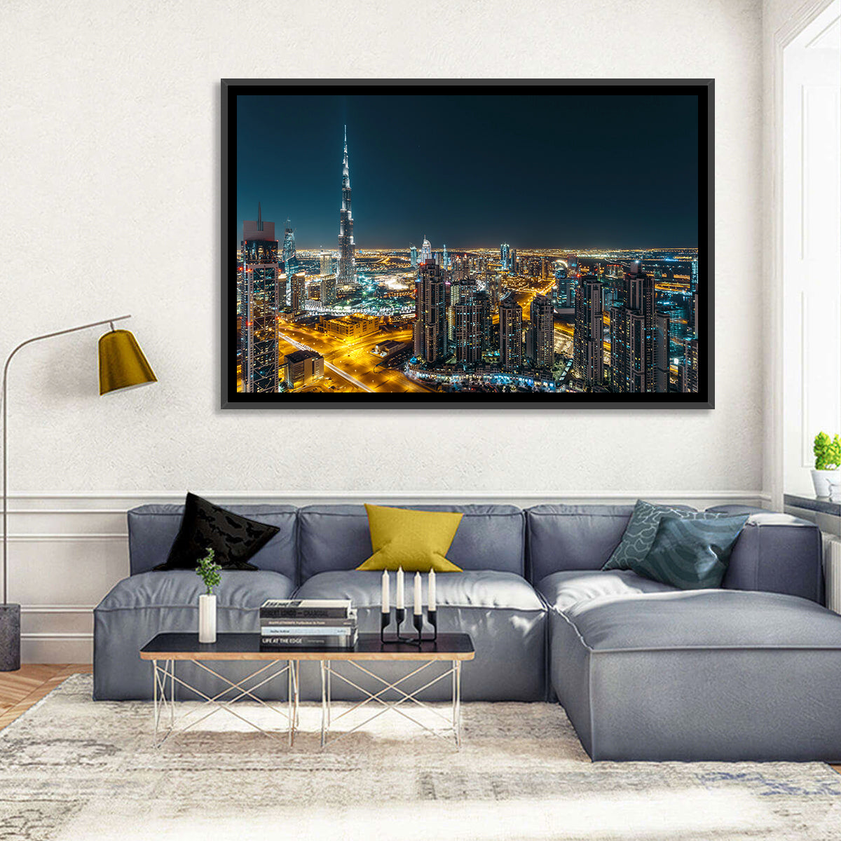 Dubai Night Skyline with Burj Khalifa Wall Art in a room, landscape