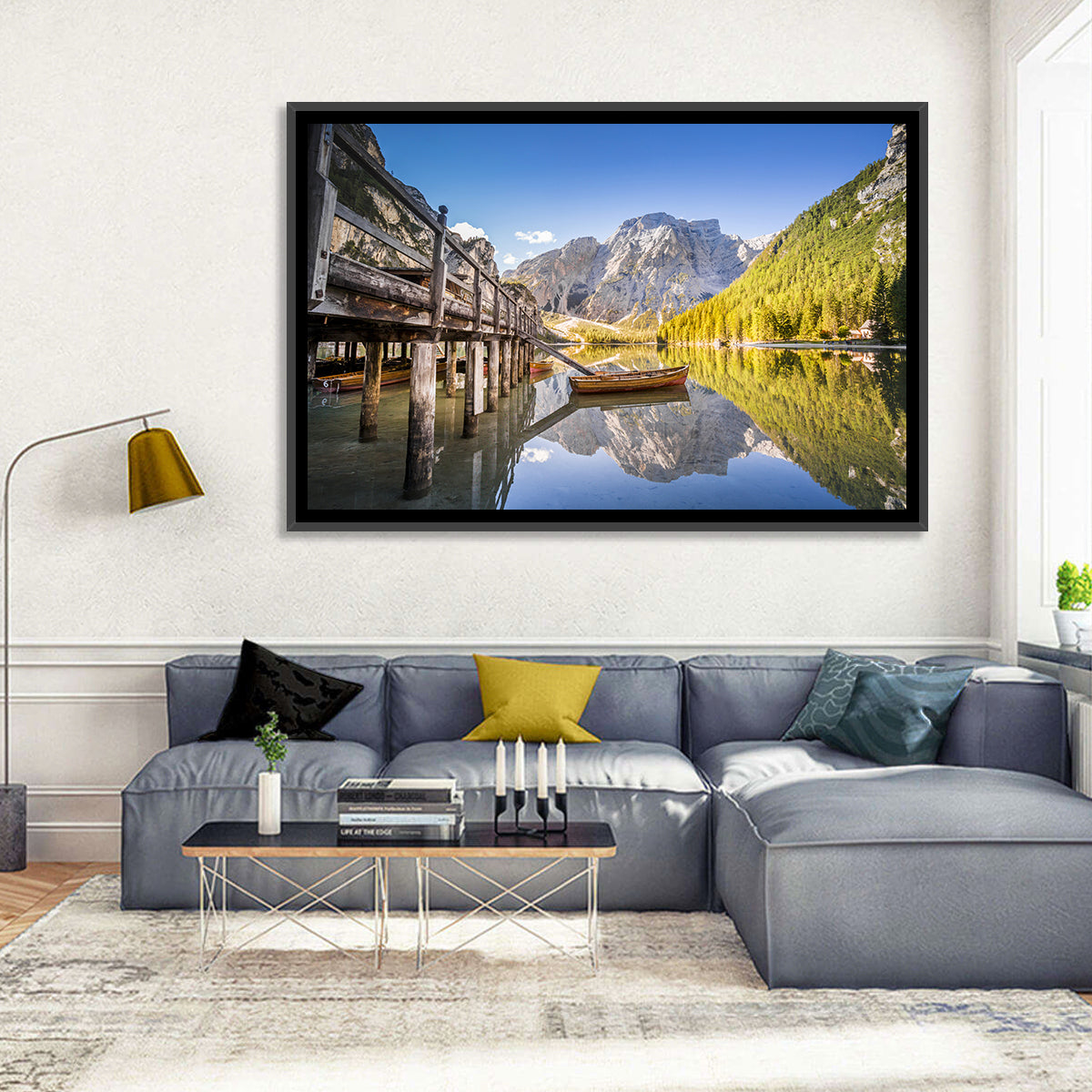 Lago Di Braies Pier Wall Art in a room, landscape