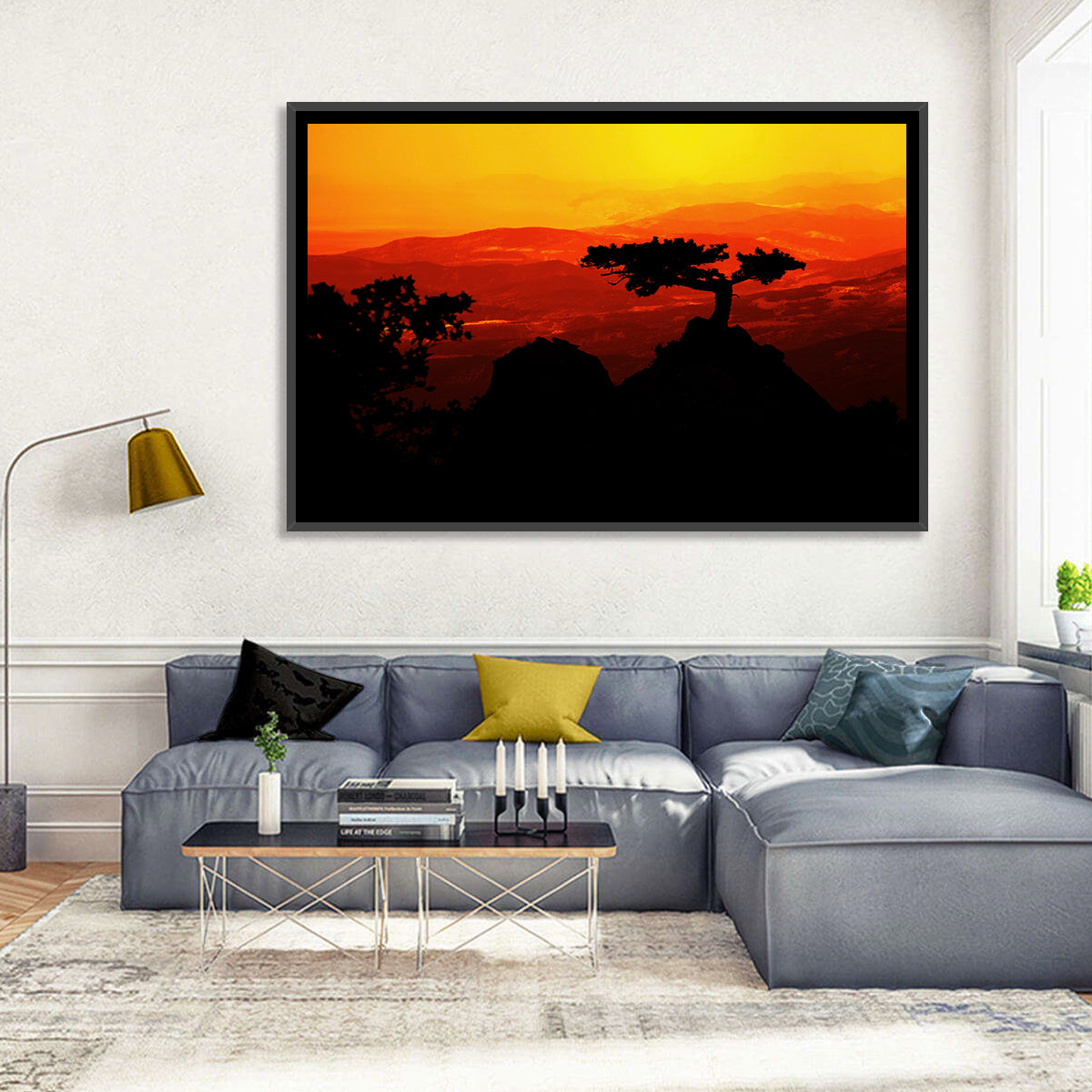 Gnarled Tree at African Sunset Wall Art in a room, landscape