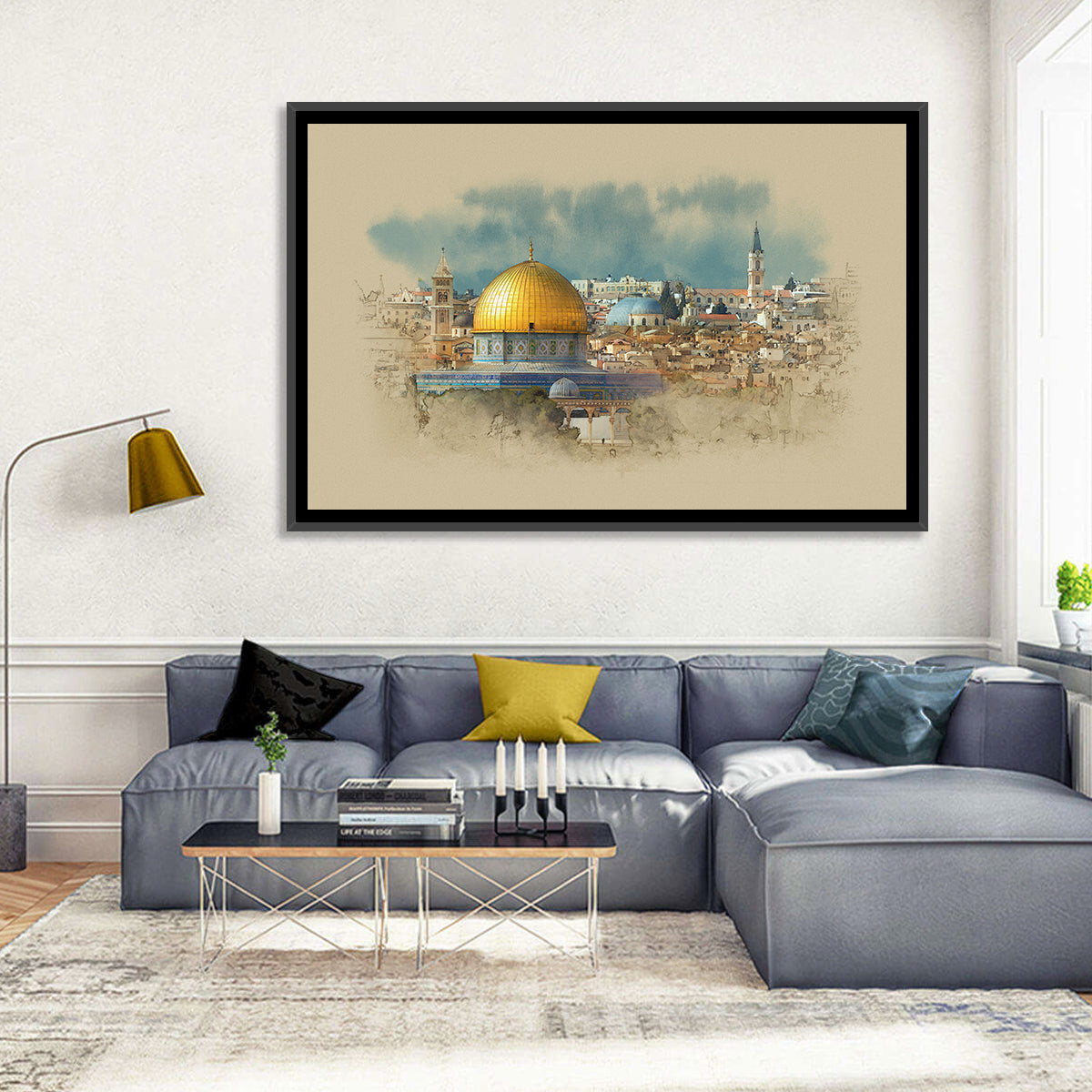 Dome of the Rock Watercolor Study Wall Art in a room, landscape