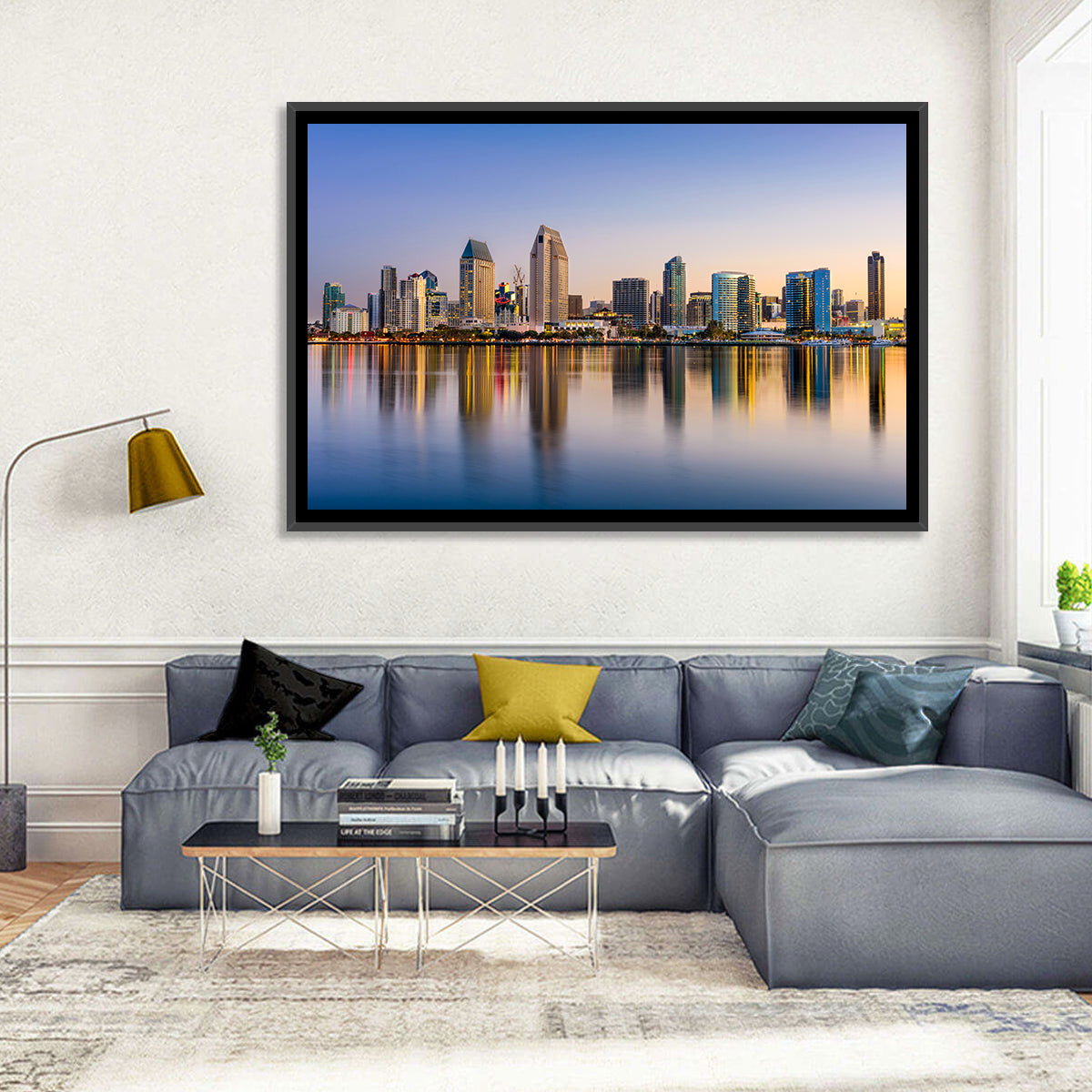 San Diego Skyline at Golden Dusk Wall Art in a room, landscape