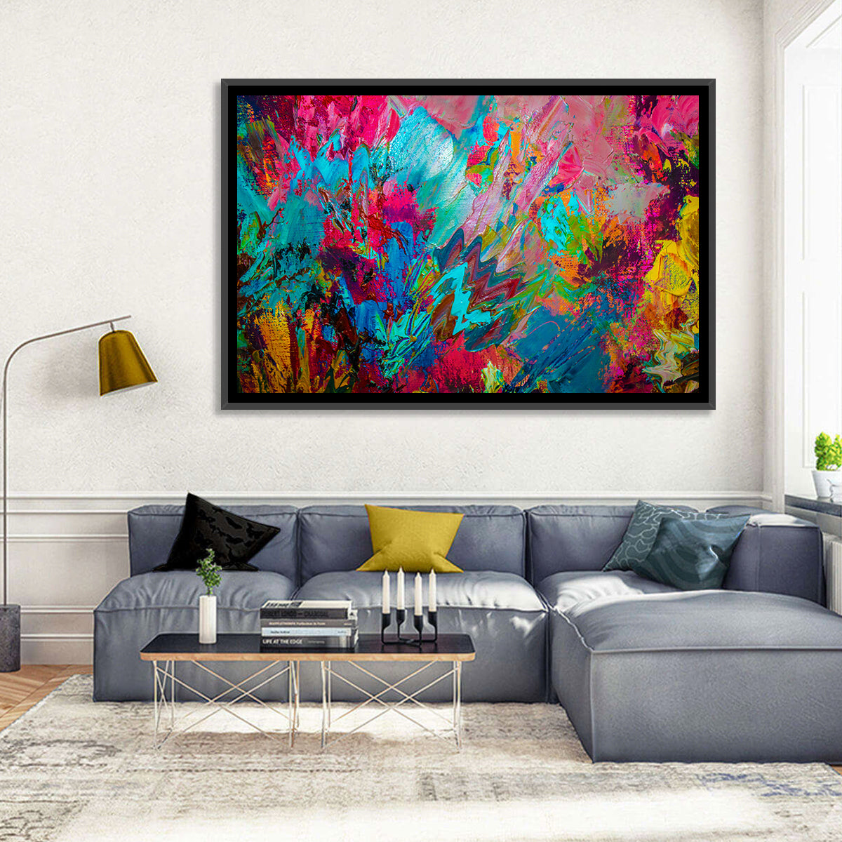 Vibrant Impasto Color Burst Abstract Wall Art in a room, landscape