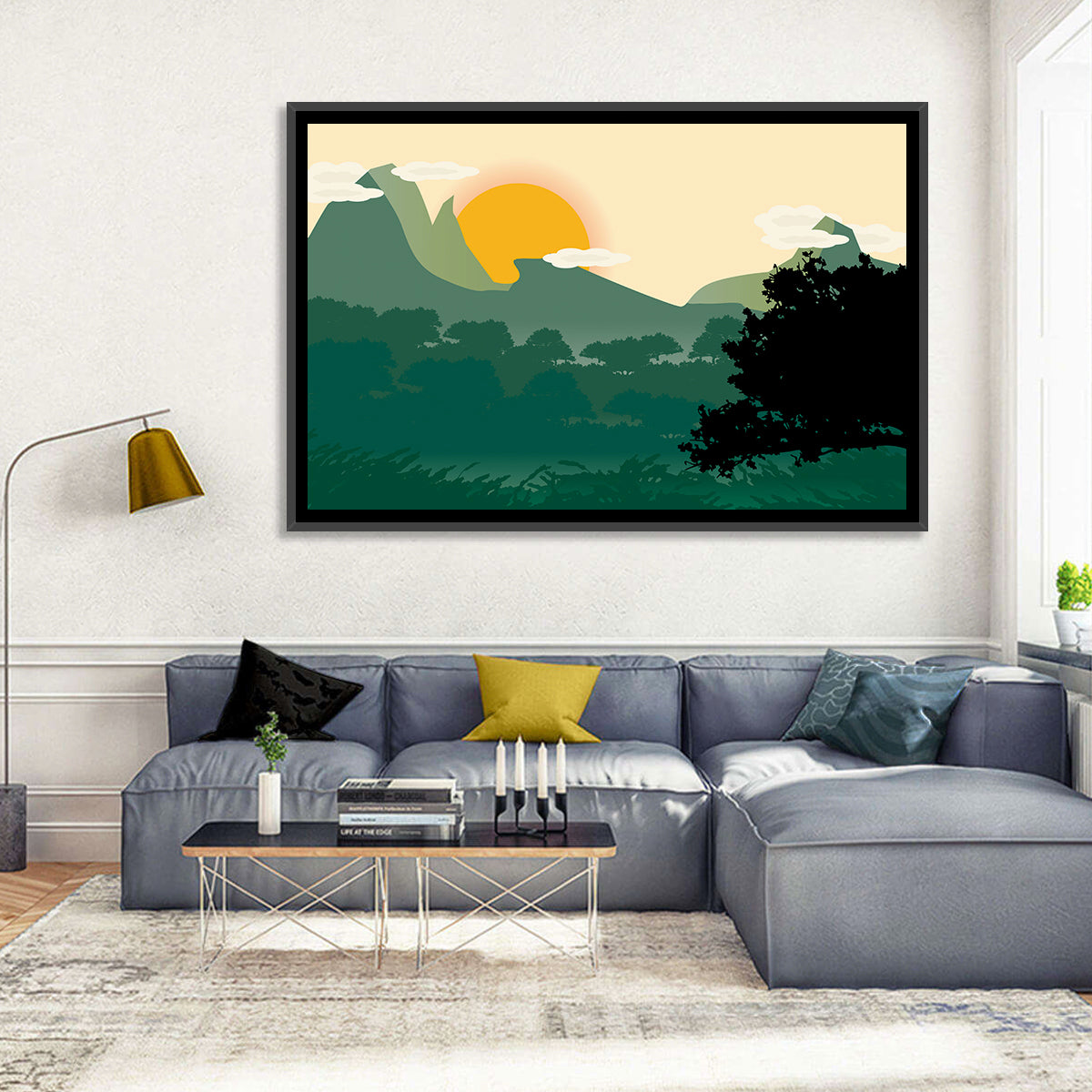 Geometric Mountain Forest Sunrise Wall Art in a room, landscape