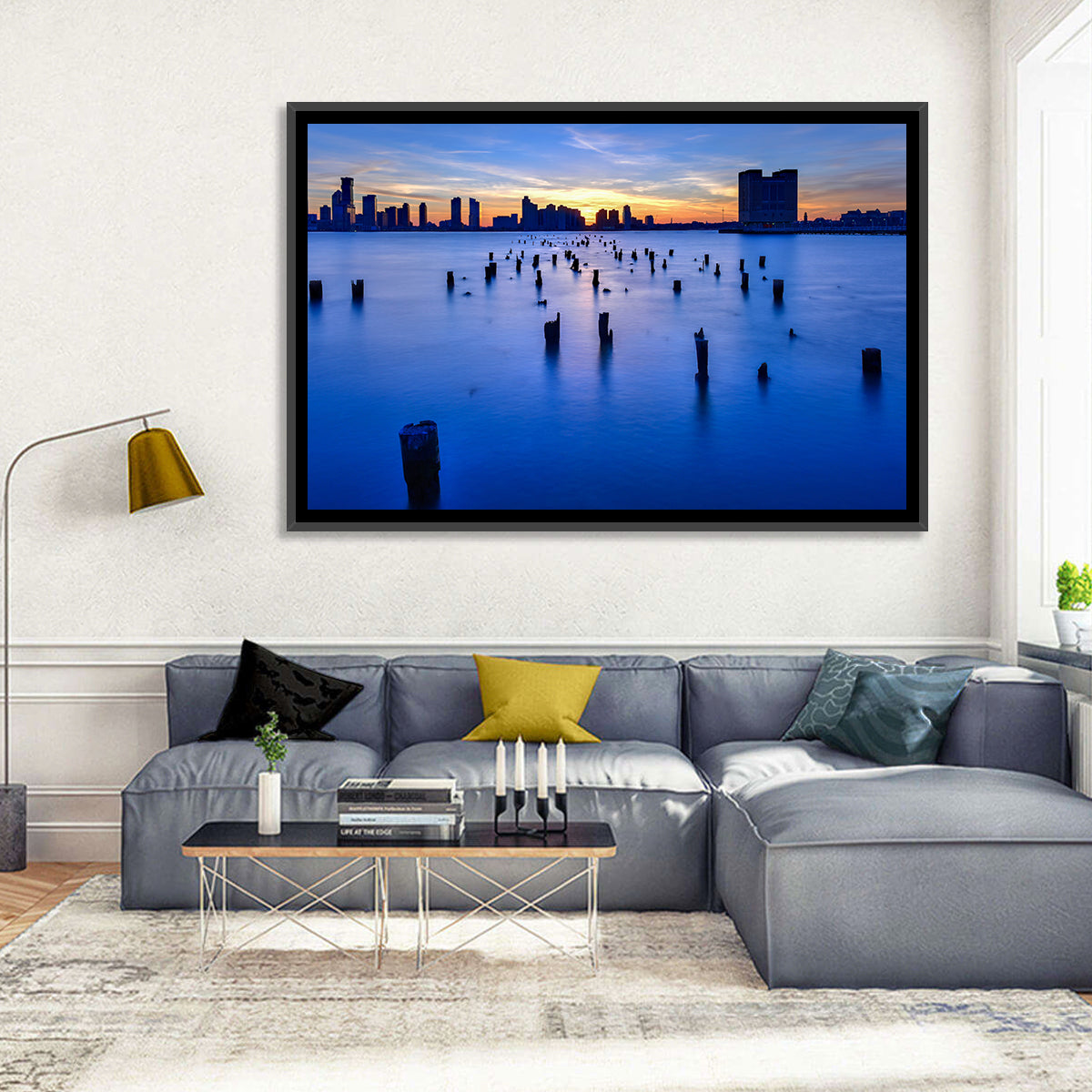 Jersey City Skyline at Dusk Wall Art in a room, landscape