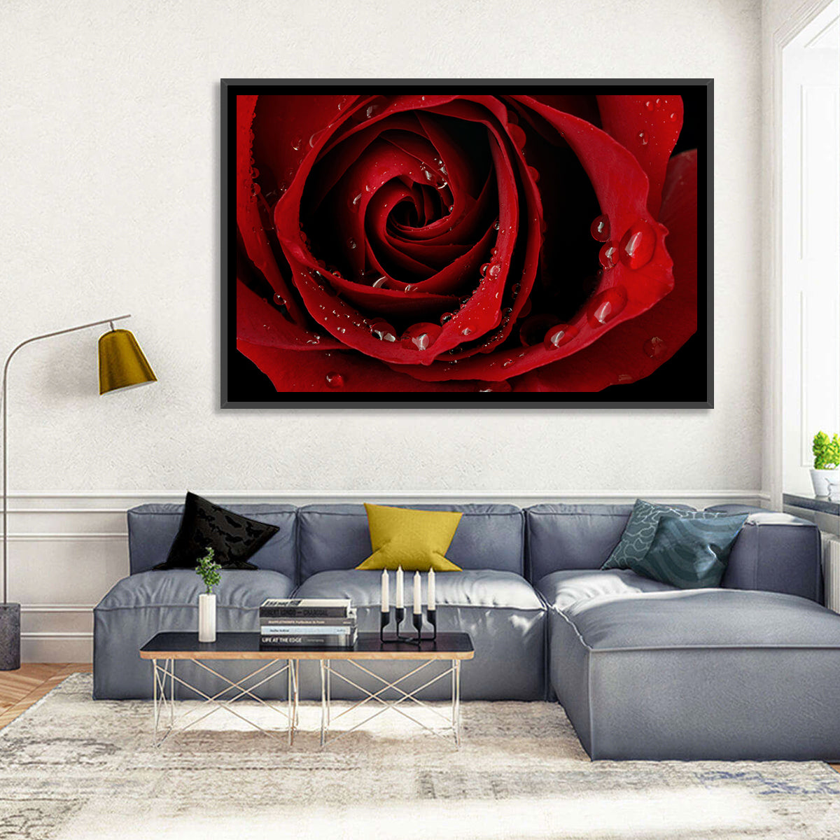 Red Rose with Dew Drops Wall Art in a room, landscape