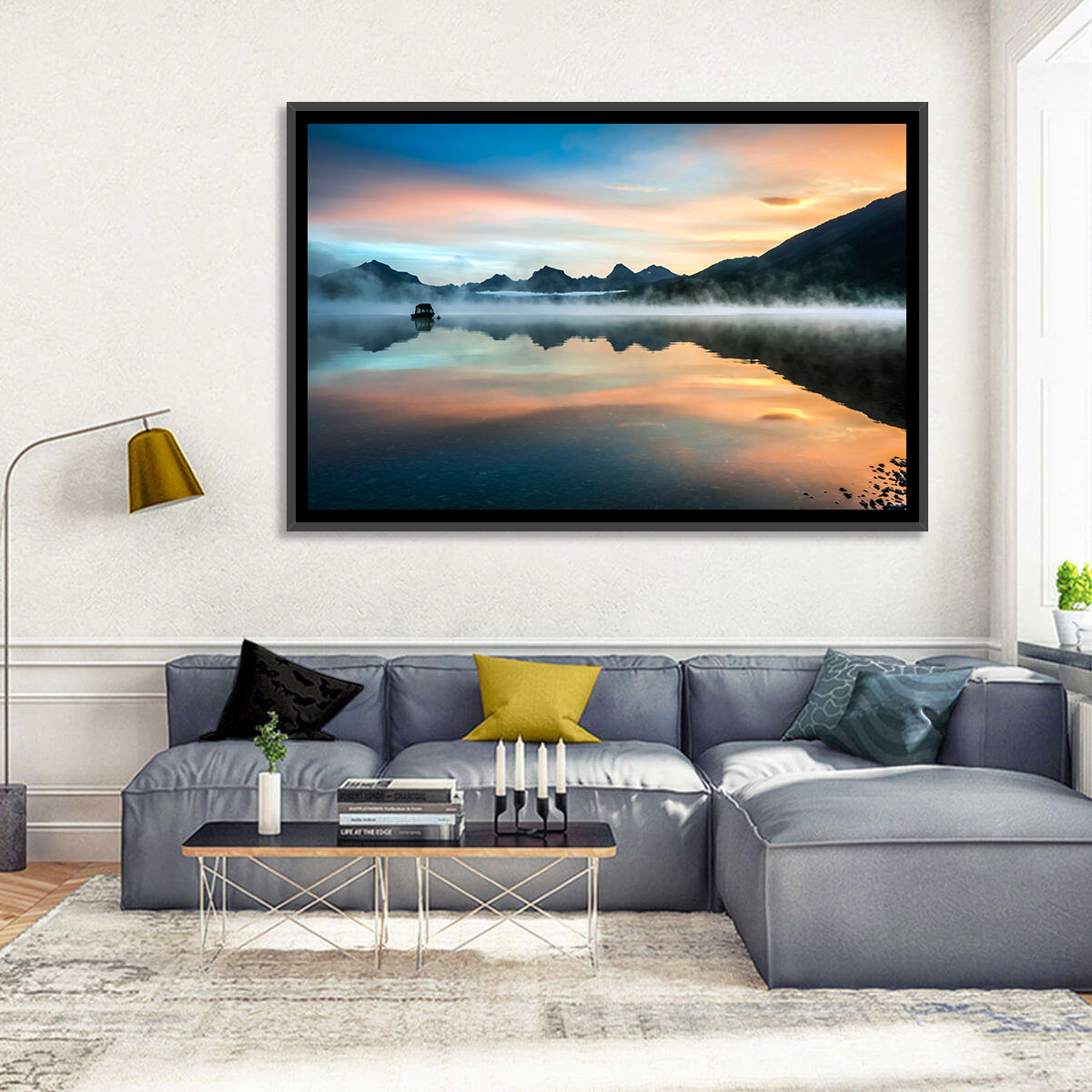 Lake Mcdonald Dawn Mist Wall Art in a room, landscape