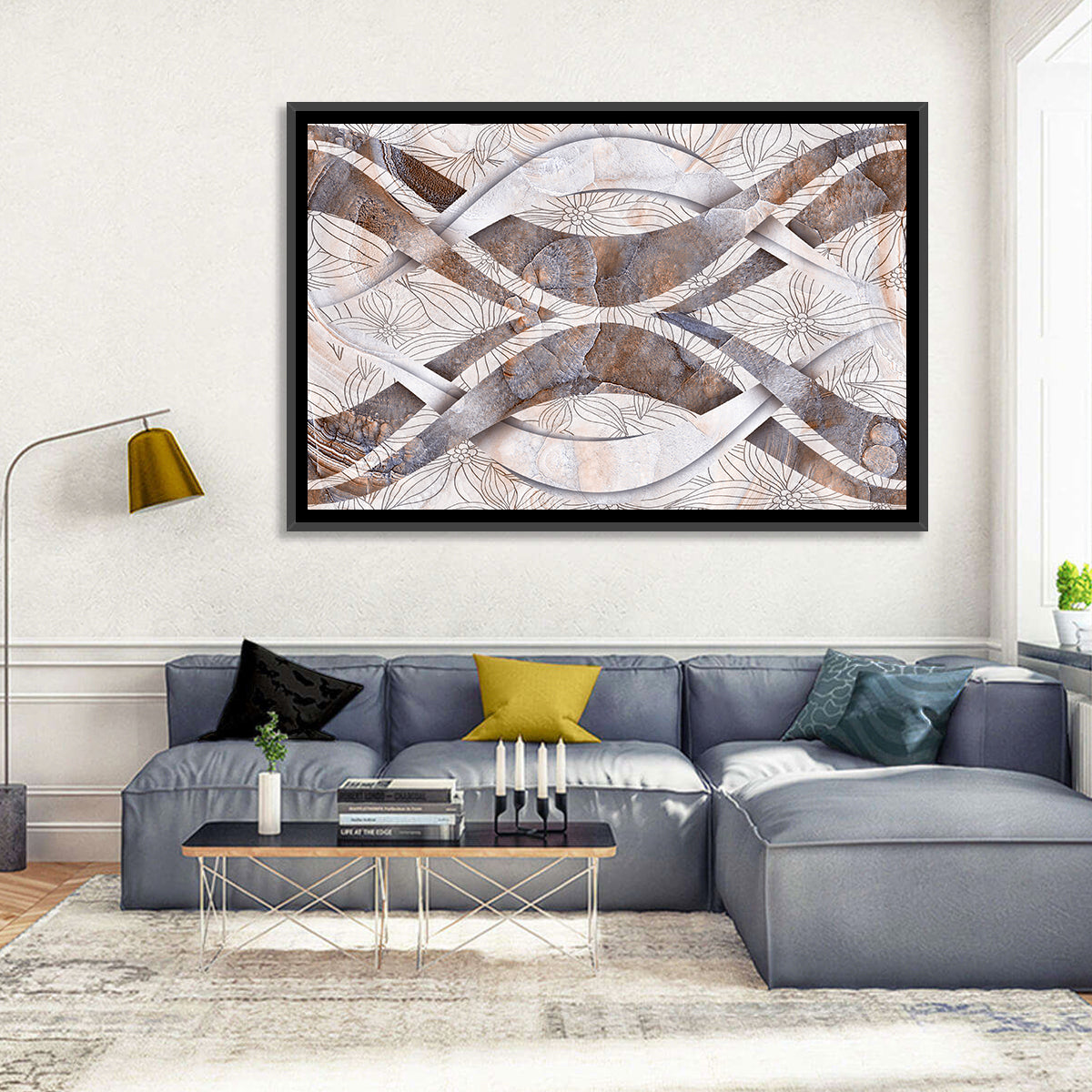 Waving Stone with Line Flowers Wall Art in a room, landscape