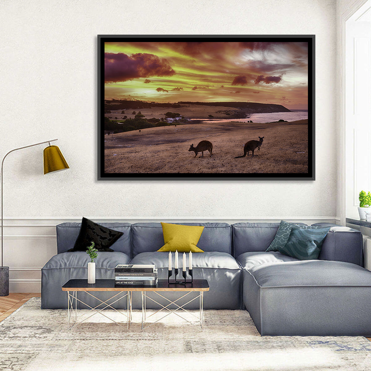 Two Kangaroos at Sunset Coast Wall Art in a room, landscape