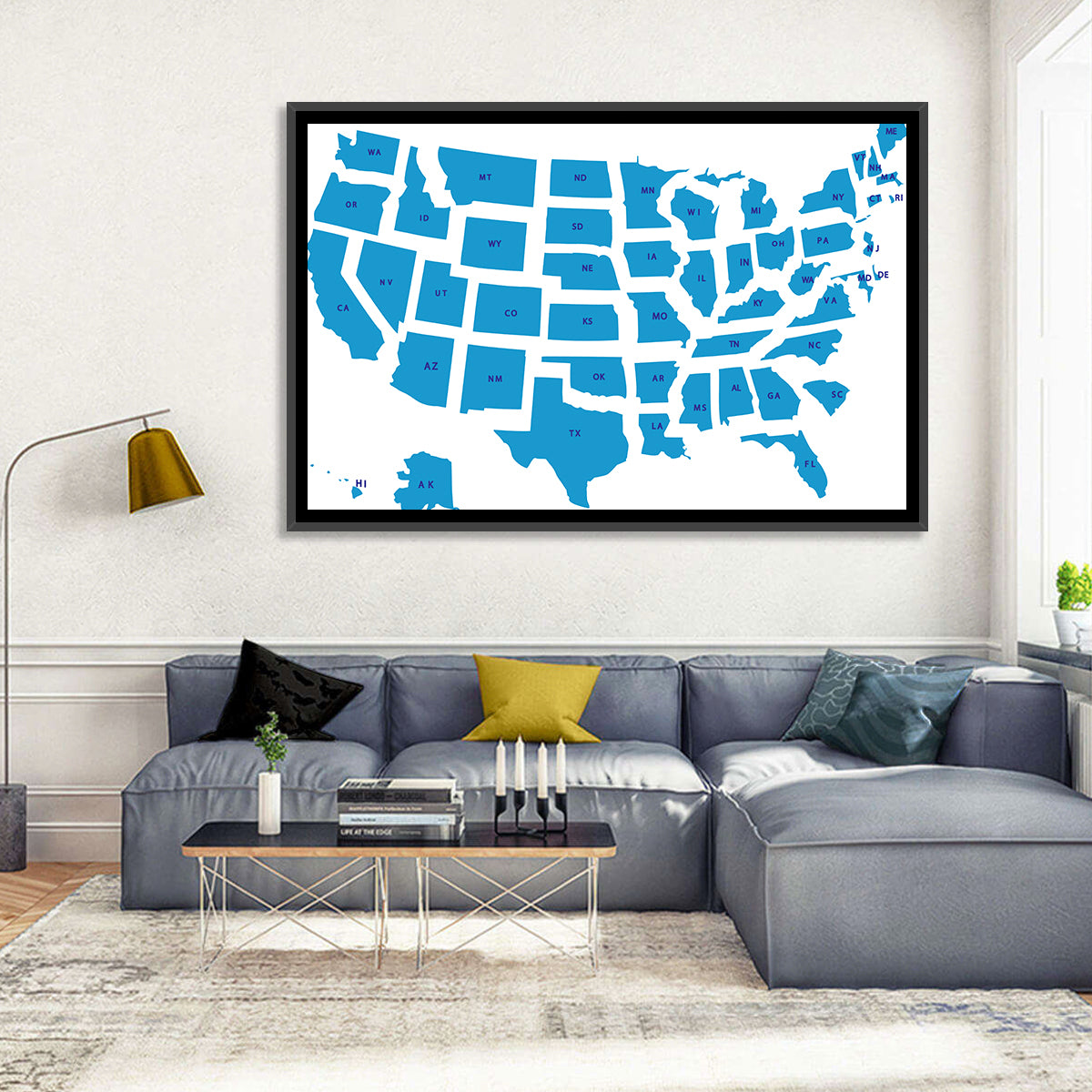 Blue Minimalist USA Map Wall Art in a room, landscape
