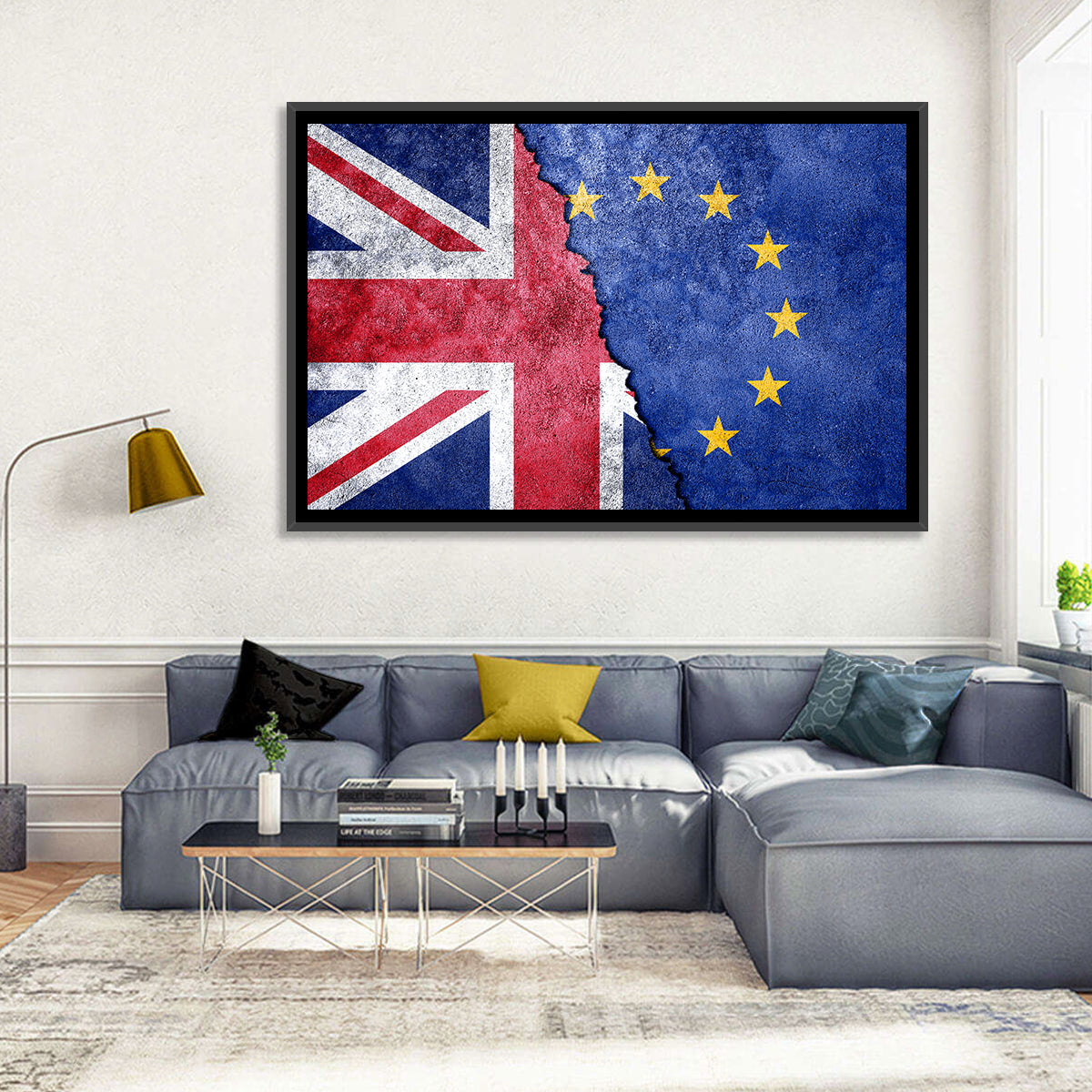 Divided Union Jack and Eu Flag Wall Art in a room, landscape