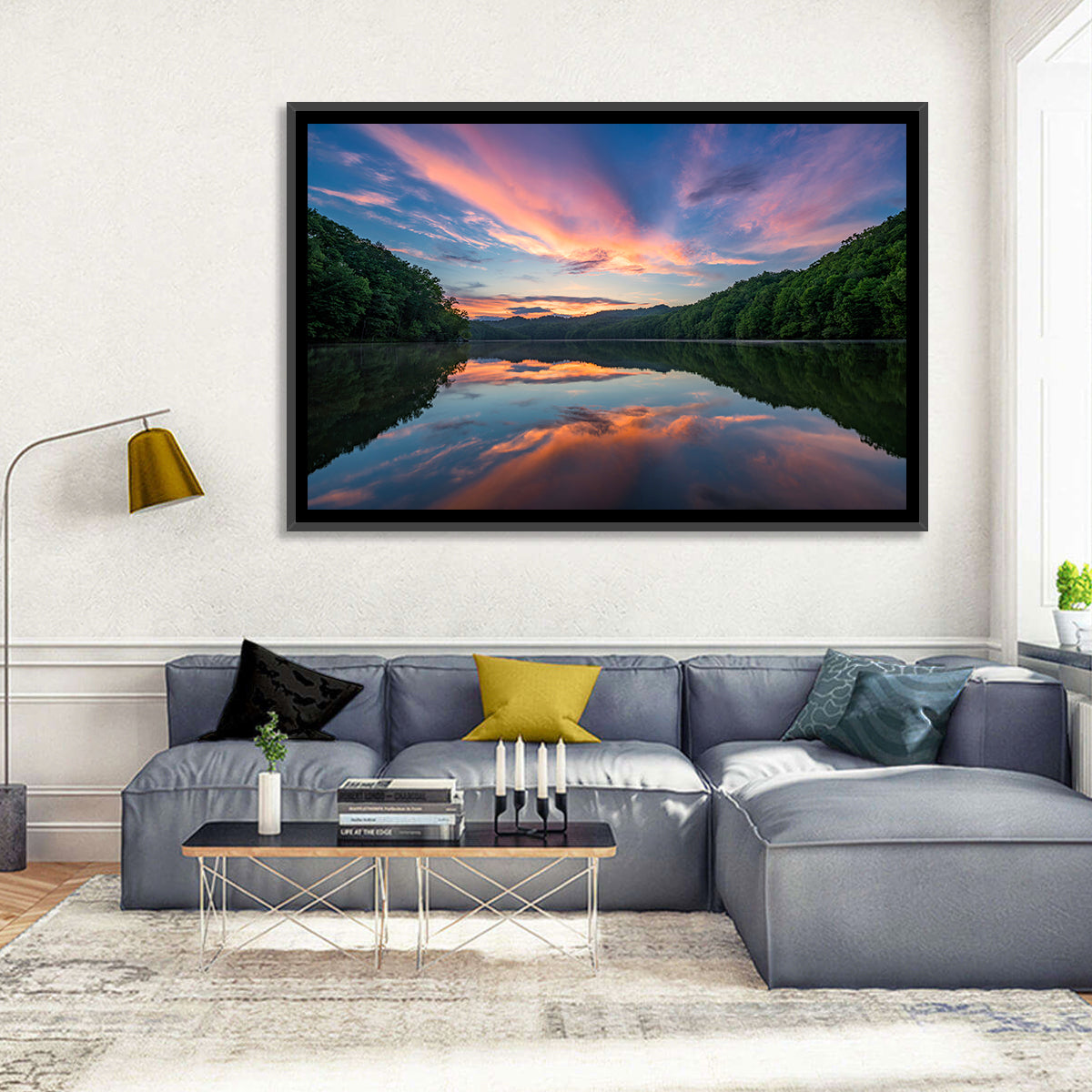 Appalachian Lake Sunset Wall Art in a room, landscape