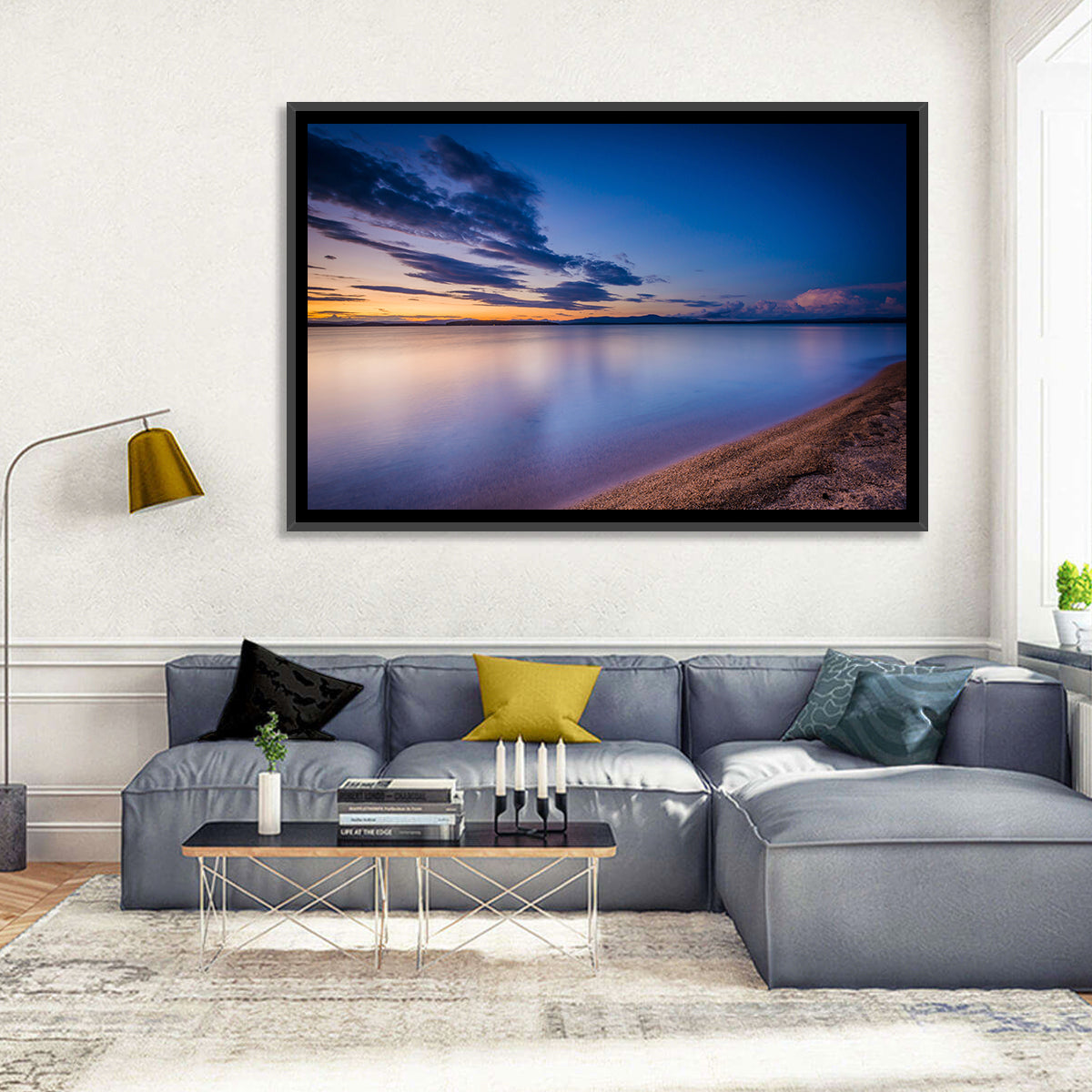 Lake Winnipesaukee Shoreline Sunset Wall Art in a room, landscape