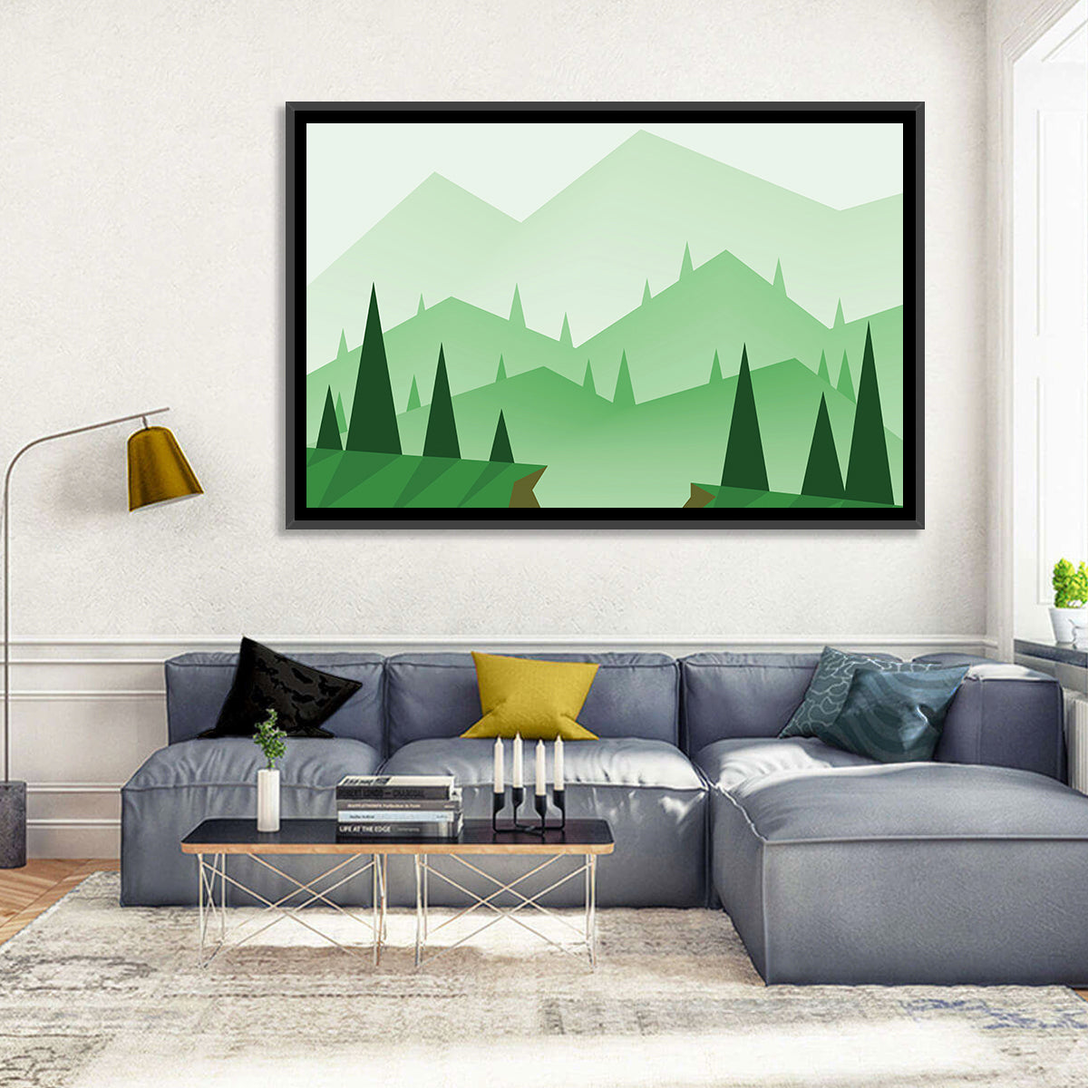 Misty Green Hills Illustration Wall Art in a room, landscape