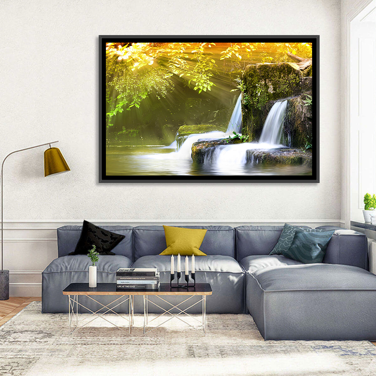 Sunlit Forest Waterfall Wall Art in a room, landscape