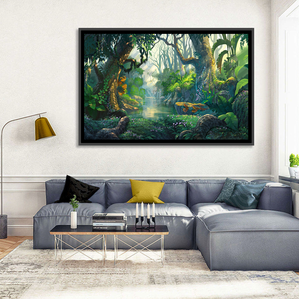 Sunlit Jungle River Wall Art in a room, landscape