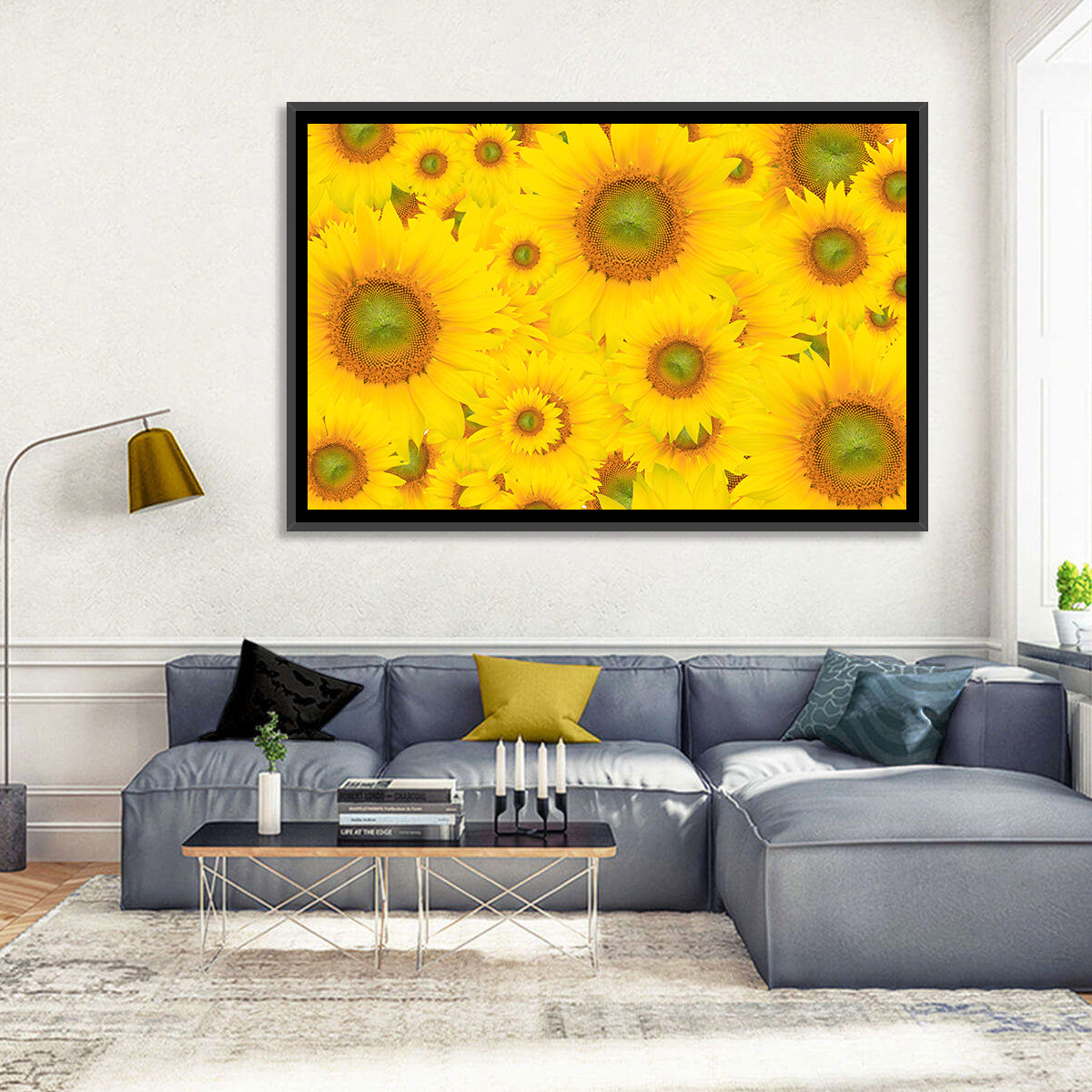Sunflower Field Close-up in Yellow Wall Art in a room, landscape