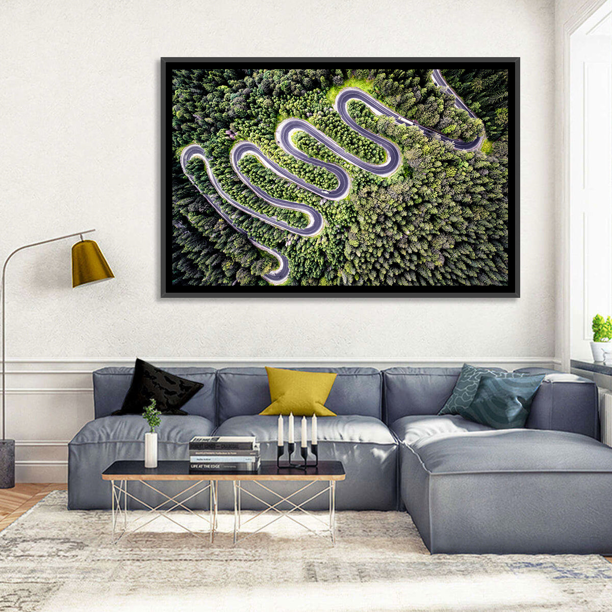 Serpentine Mountain Road Wall Art in a room, landscape