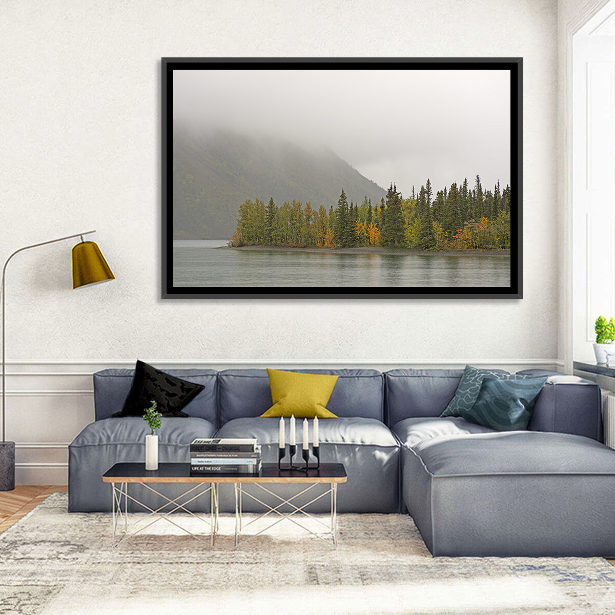 Kathleen Lake Autumn Shoreline Wall Art in a room, landscape