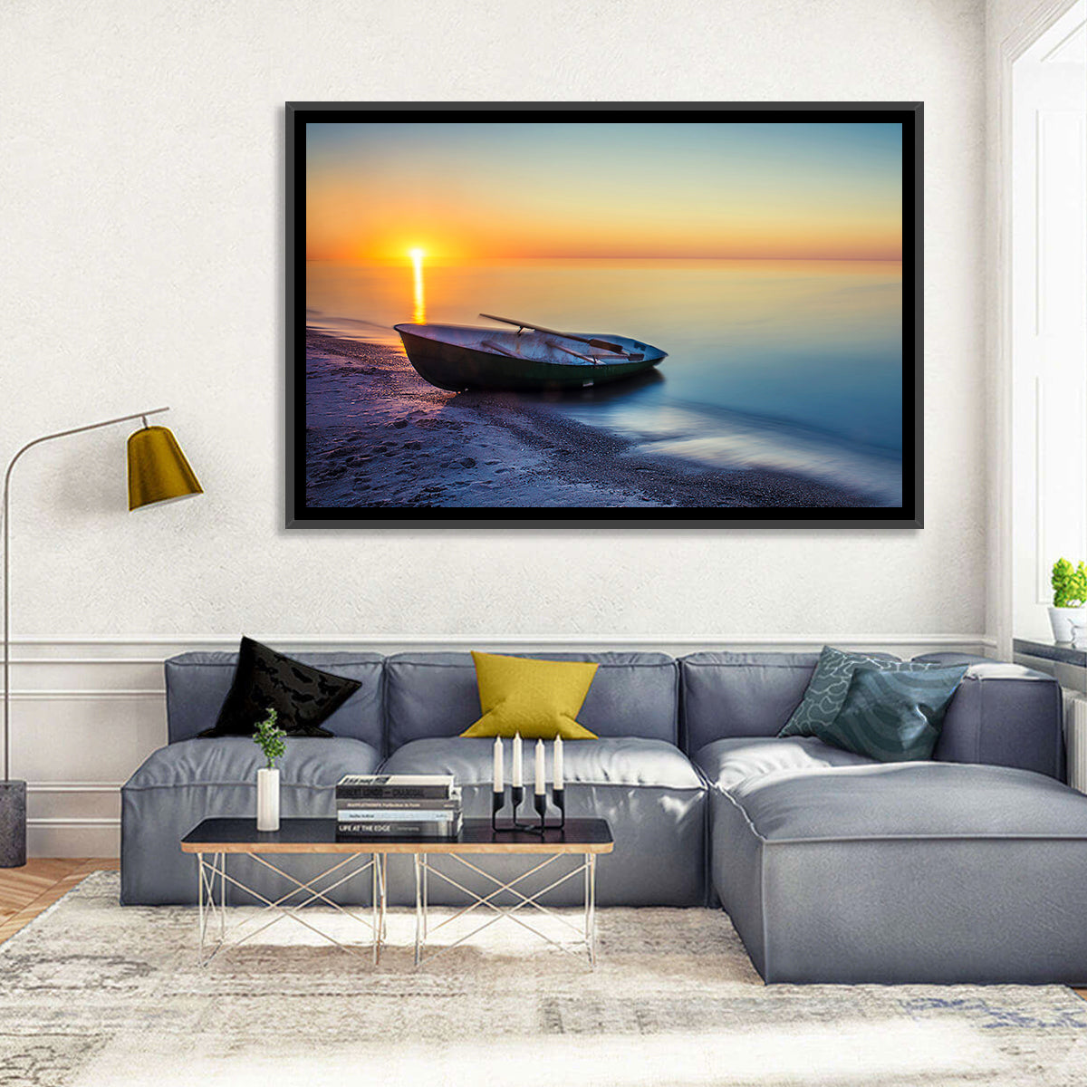 Rowboat Sunrise Seascape Wall Art in a room, landscape