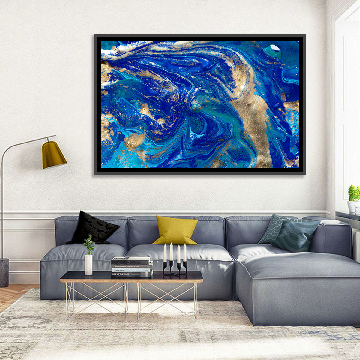 Blue and Gold Liquid Marble Swirls Wall Art in a room, landscape