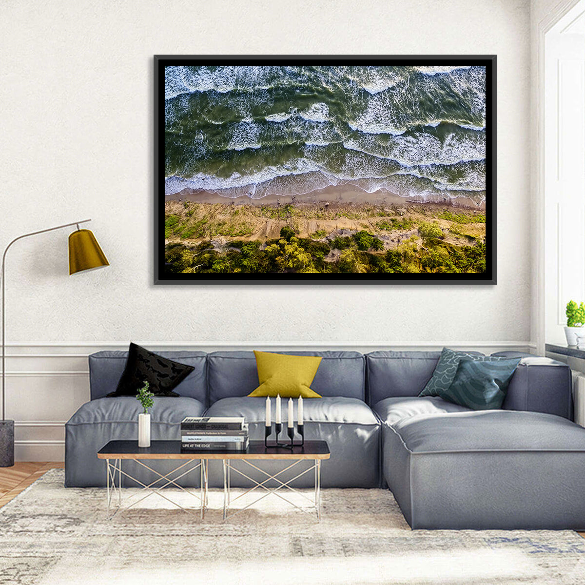 Aerial Waves Over Sandy Cliff Wall Art in a room, landscape